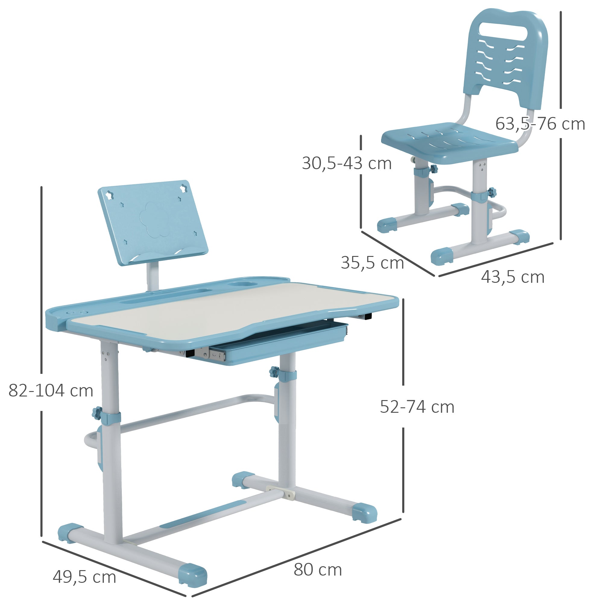 Conjunto de Secretária e Cadeira para Crianças - Medidas 80x49,5x82-104 cm - Cor Azul