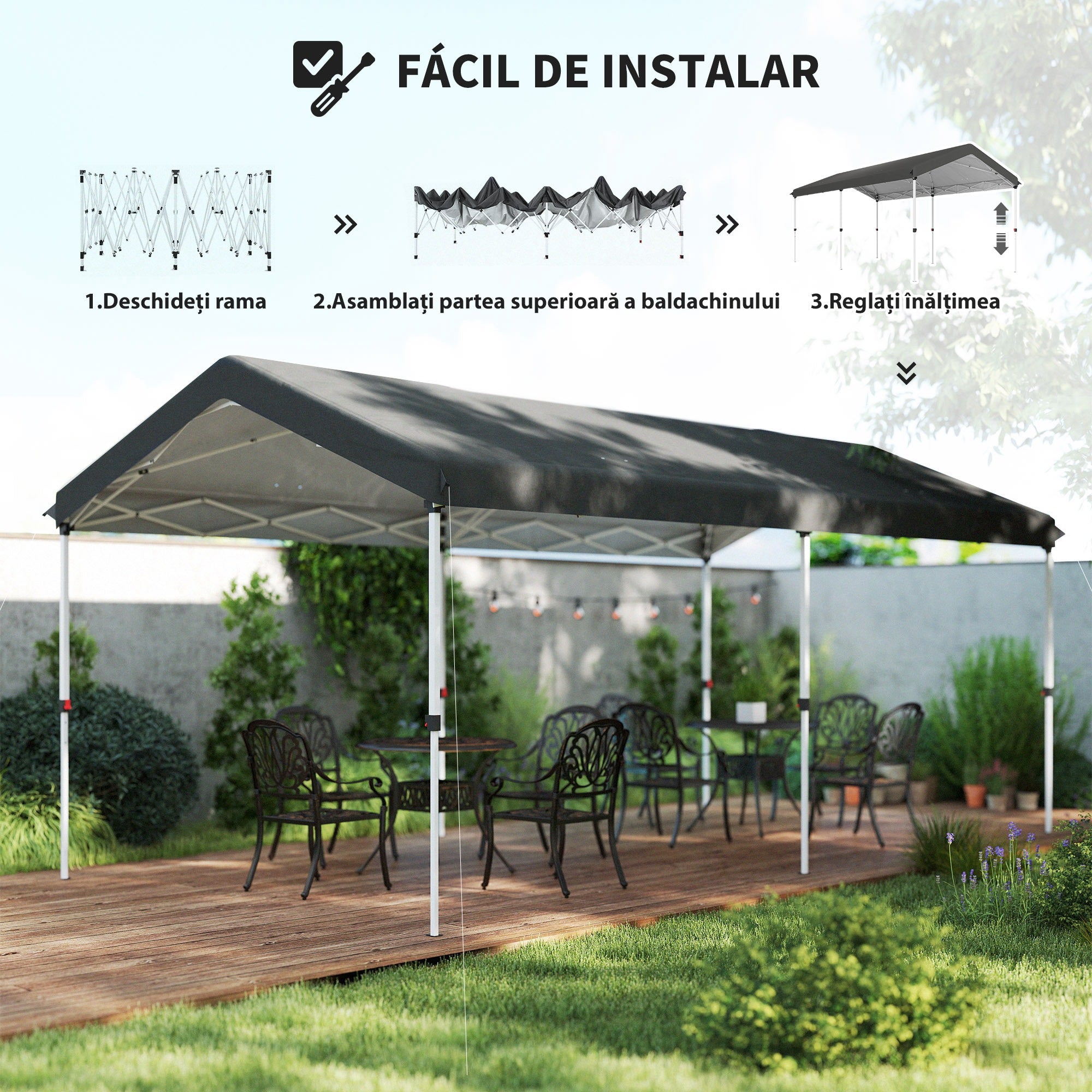 Tenda Dobrável 584x297,5x272 cm Cinza Escuro - Proteção UV50+ e Altura Ajustável