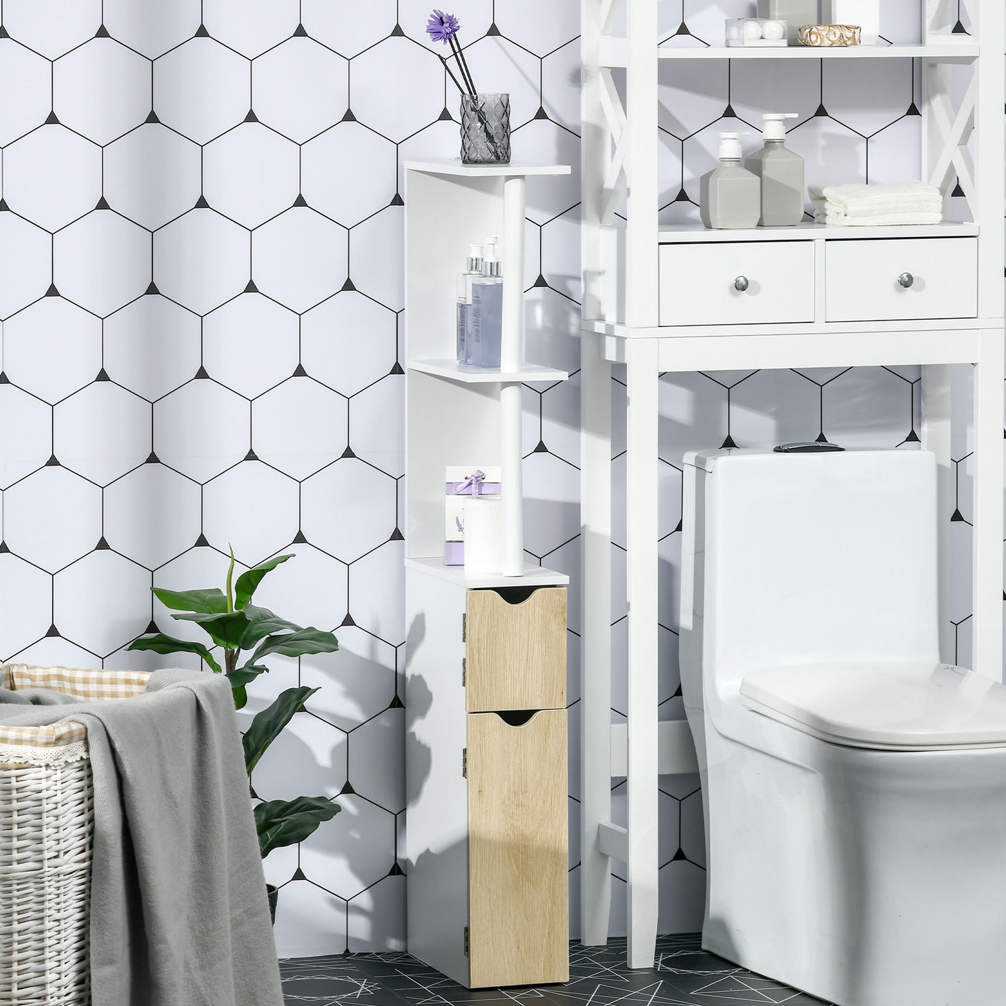 Coluna Casa de Banho Moderna 15,2x29,8x118cm Branco e Madeira