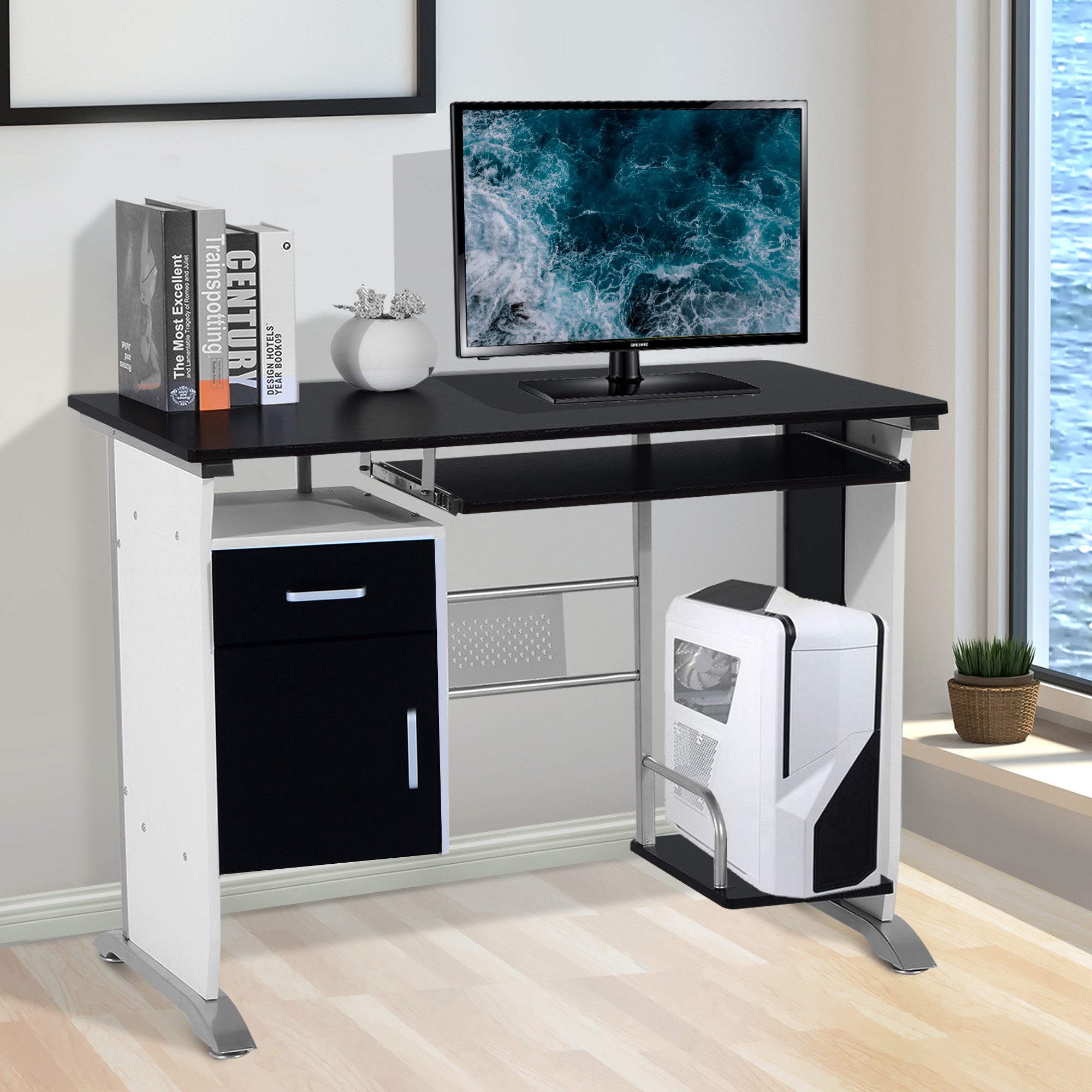 Mesa para Computador com Gaveta e Suporte para CPU 100x52x75cm - Branco e Preto