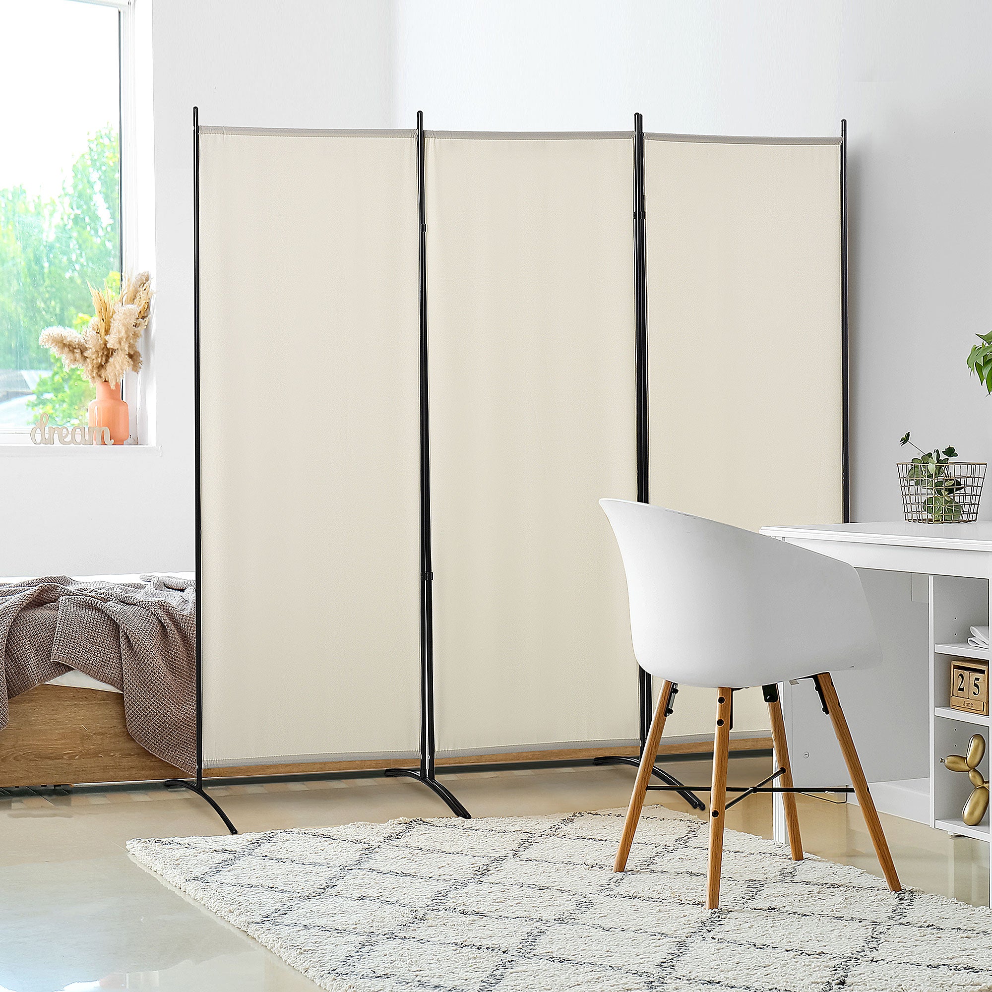 Biombo de 3 Painéis Bege 253x50x182 cm - Separador de Ambientes Dobrável