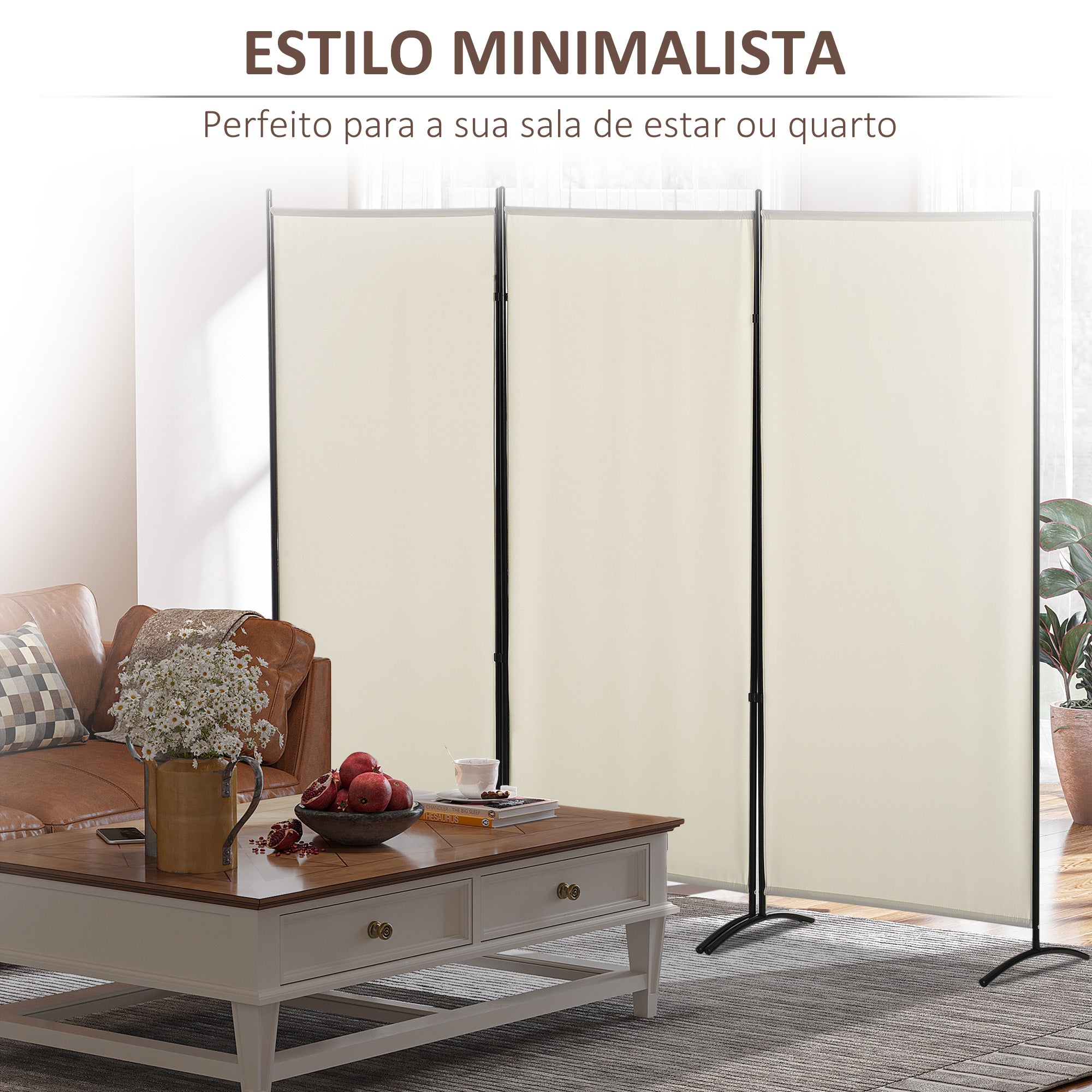 Biombo de 3 Painéis Bege 253x50x182 cm - Separador de Ambientes Dobrável