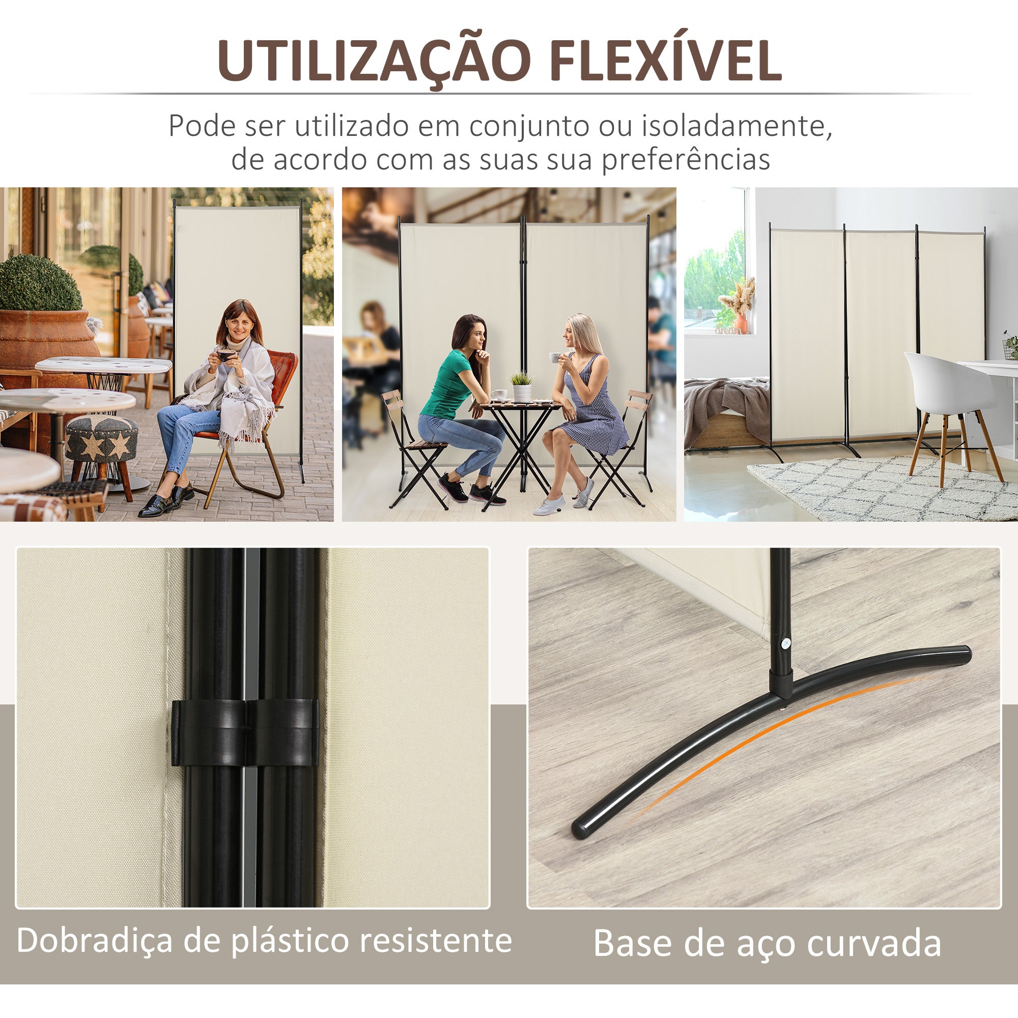 Biombo de 3 Painéis Bege 253x50x182 cm - Separador de Ambientes Dobrável