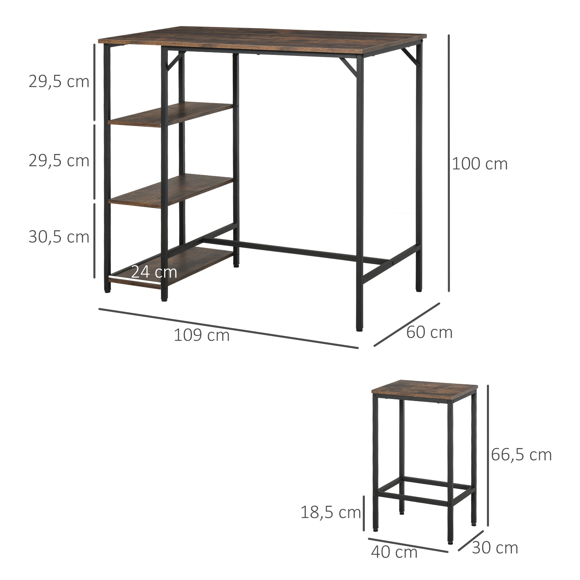 Conjunto de Mesa de Bar e 2 Bancos Castanho Rústico 109x60x100 cm