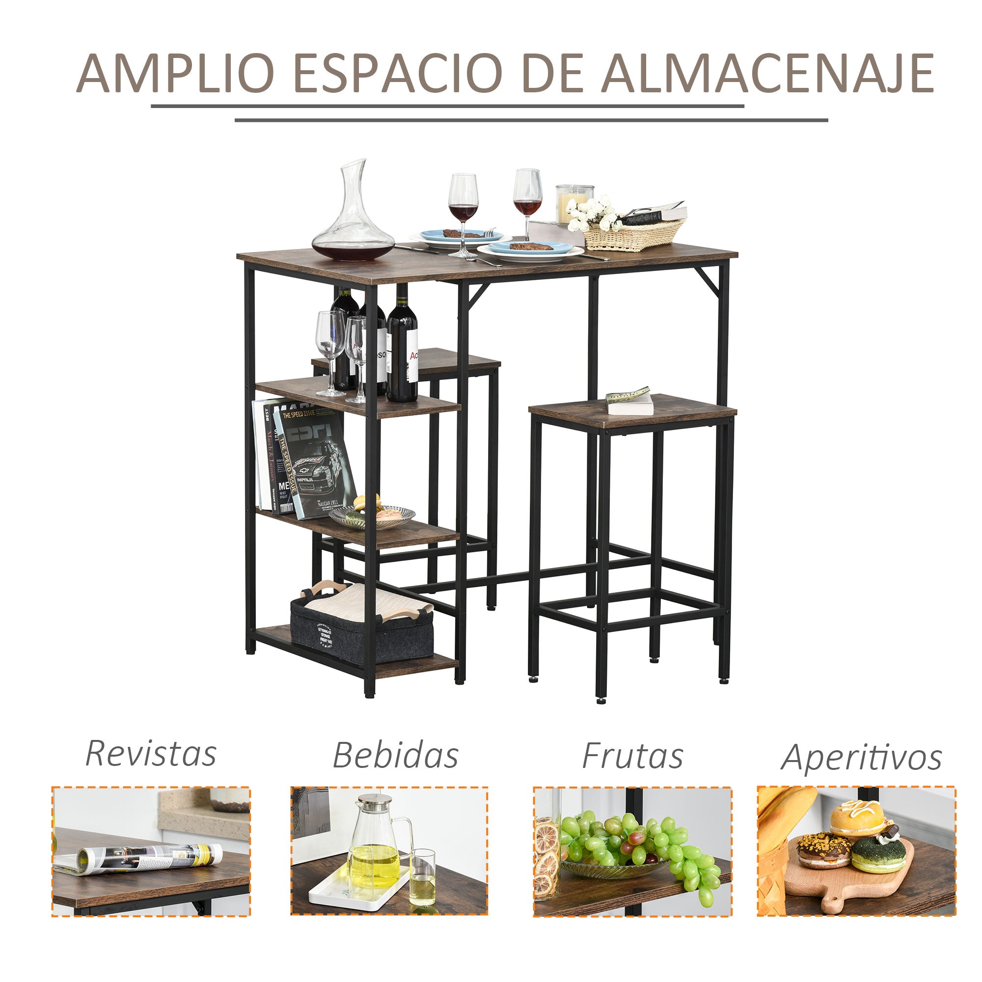 Conjunto de Mesa de Bar e 2 Bancos Castanho Rústico 109x60x100 cm