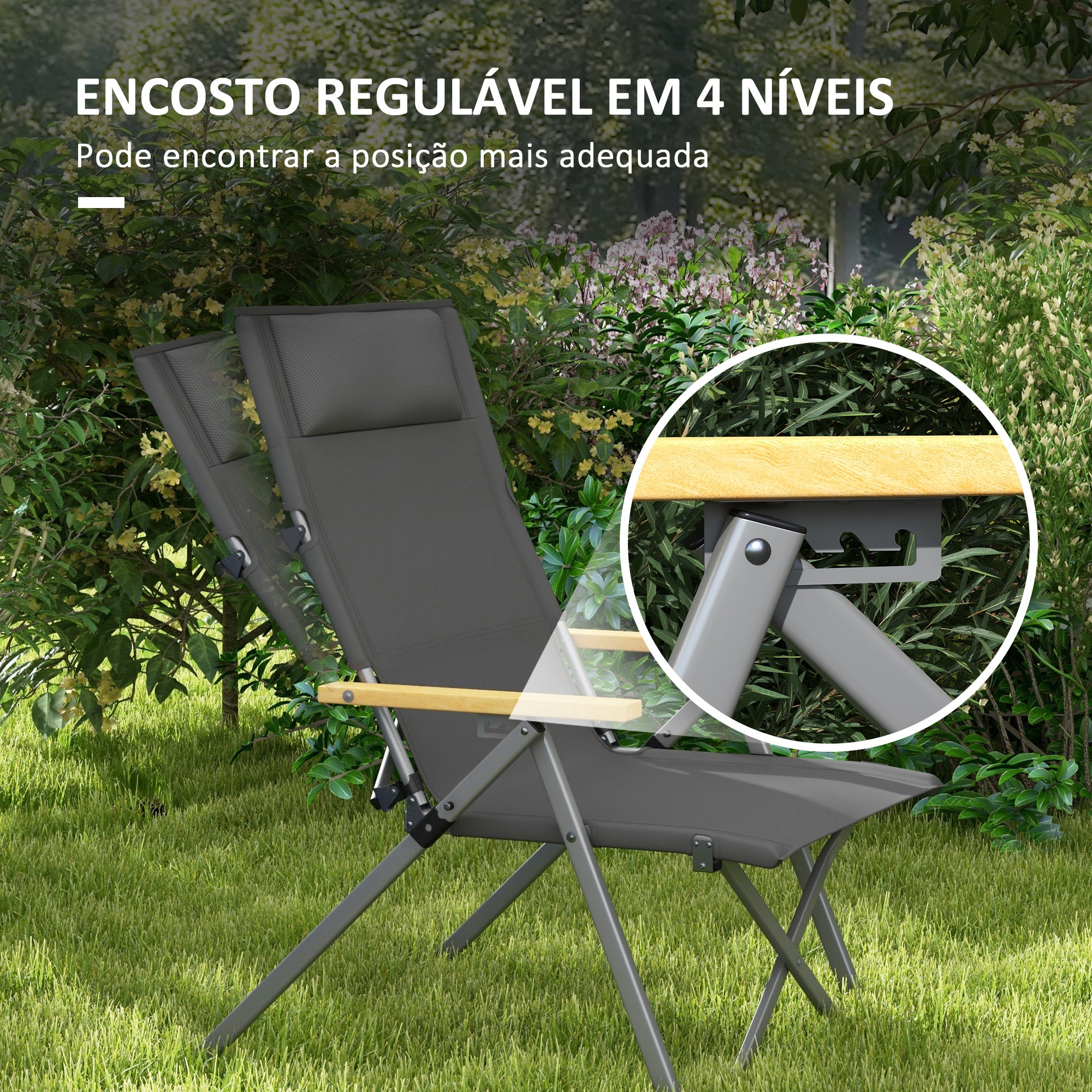 Cadeira de Campismo Dobrável Cinza Escuro 74x59,5x98 cm com Encosto Ajustável e Apoios de Braço de Madeira