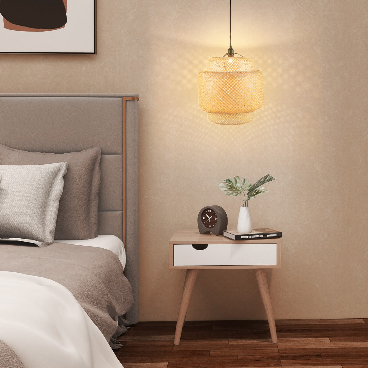 Lâmpada Pendente de Bambu Luz Natural Tecida à Mão para Lâmpadas E27 Não Incluídas Bege 40 x 40 x 43 cm
