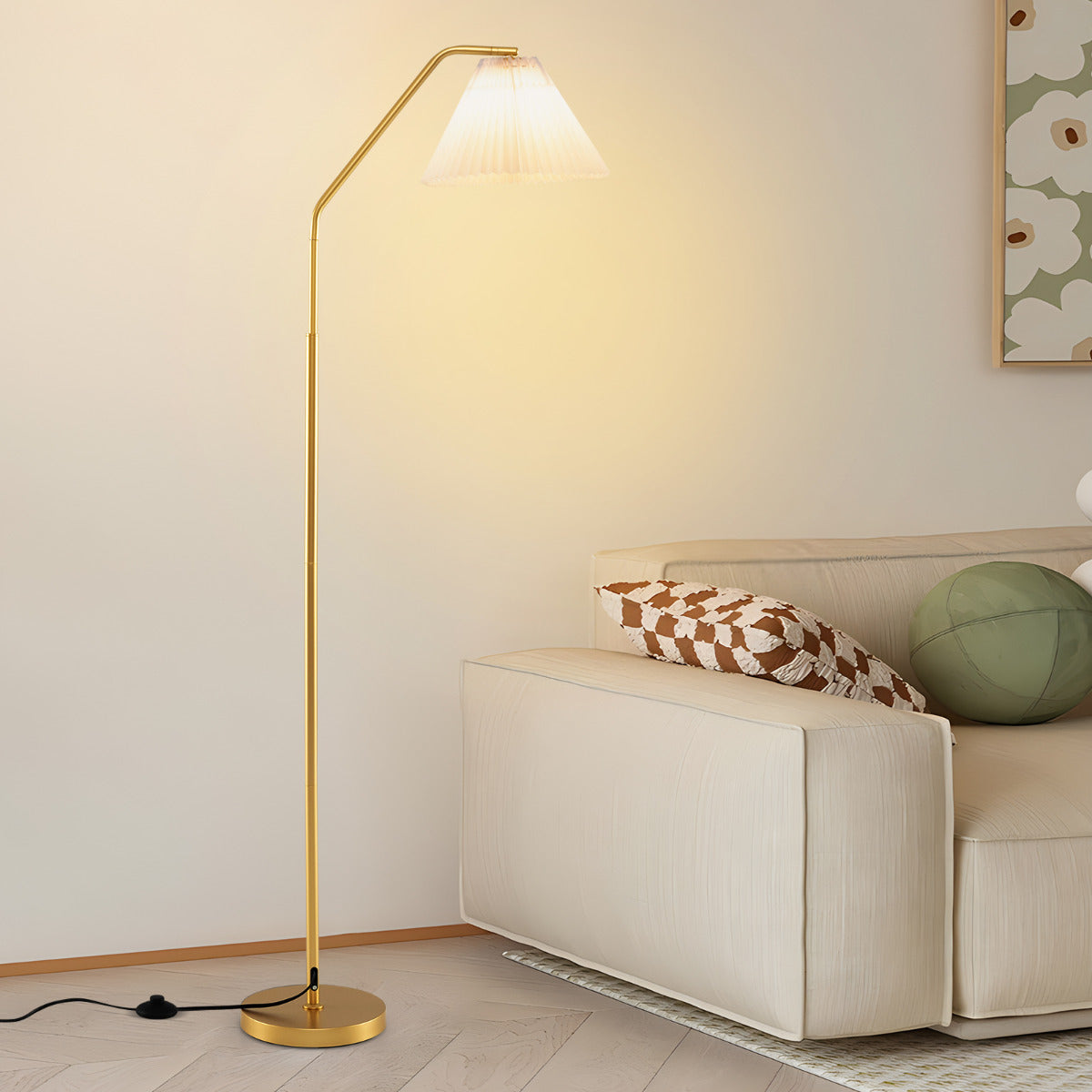 Lâmpada de Pé em Arco de 168 cm Moderna com Cabeçal Ajustável, Ecrã Plissado e Interruptor de Pé - Ideal para Quarto e Sala de Estar