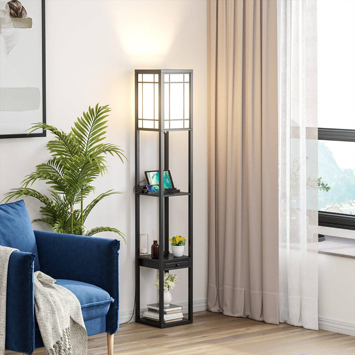 Lâmpada de Pé com Estante – 26 x 26 x 160,5 cm – Preto – MDF