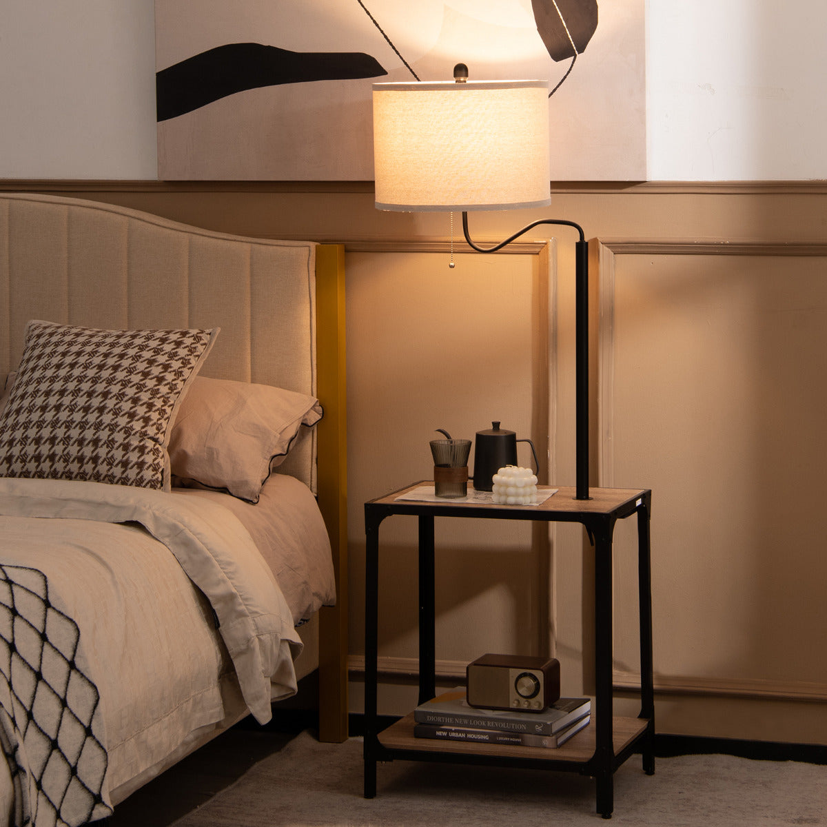 Lâmpada de Pé com Mesa e Portas de Carregamento USB Braço Giratório de 360° com Mesinha de Cabeceira para Sala Quarto 49 x 34 x 144 cm