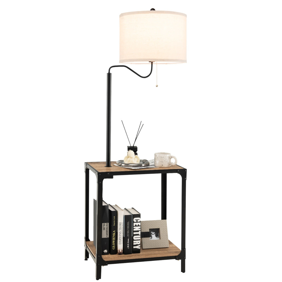Lâmpada de Pé com Mesa e Portas de Carregamento USB Braço Giratório de 360° com Mesinha de Cabeceira para Sala Quarto 49 x 34 x 144 cm