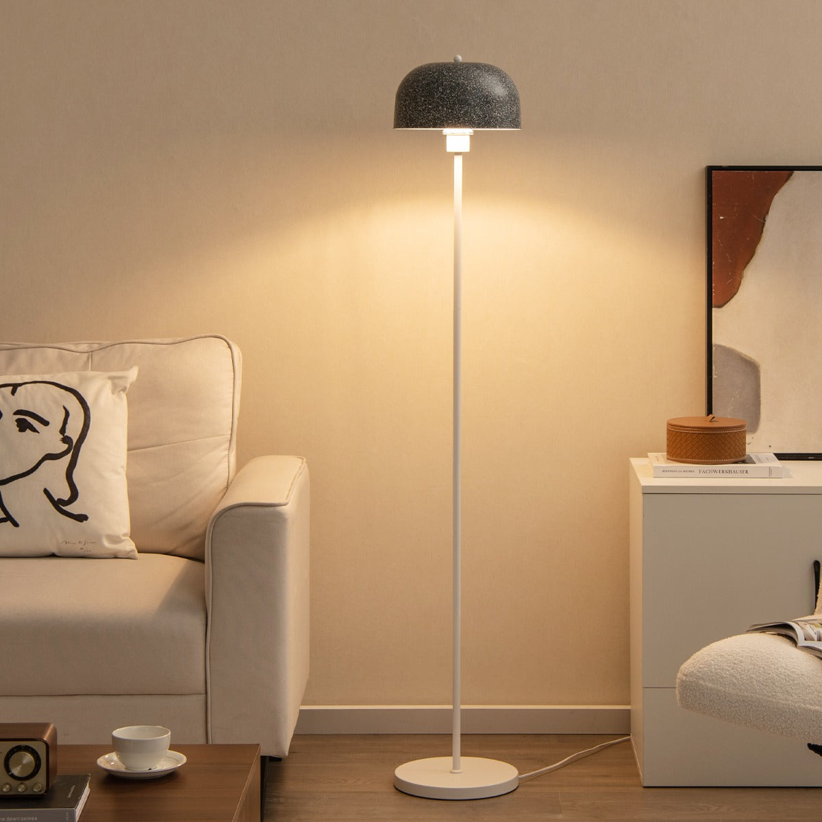 Lâmpada de Pé em Metal de 146cm para Lâmpada E27 Máx 60W com Abajur e Interruptor de Pé Cinza e Branco