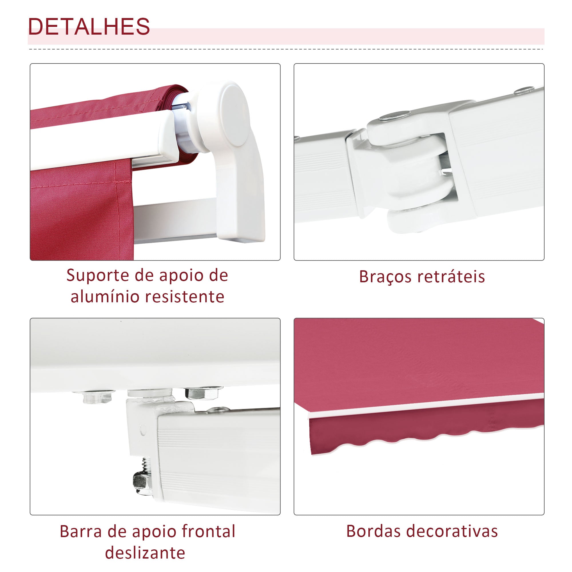 Toldo Manual Vermelho 395x245 cm Varanda Pátio Alumínio Poliéster 280 g/m²