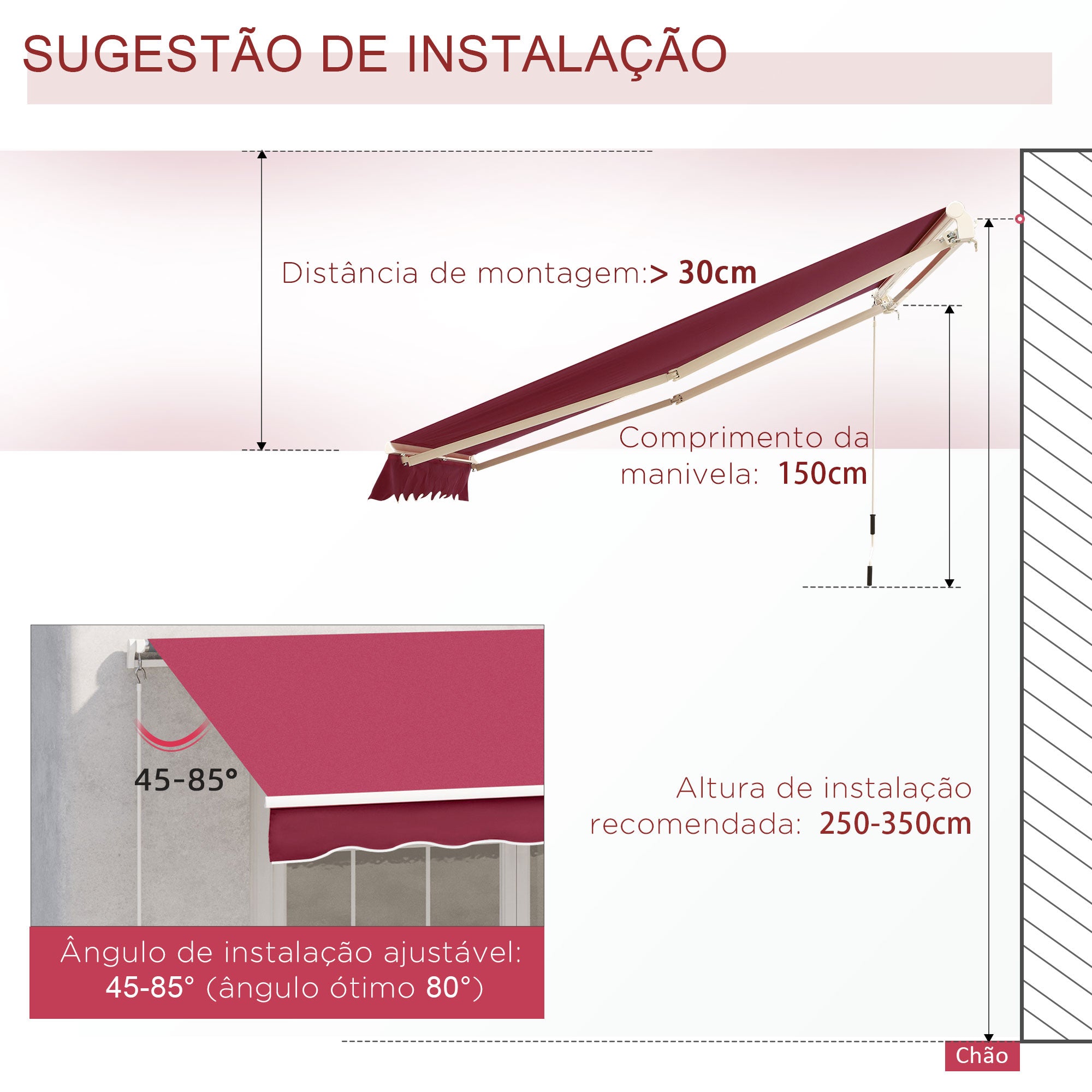 Toldo Manual Vermelho 395x245 cm Varanda Pátio Alumínio Poliéster 280 g/m²