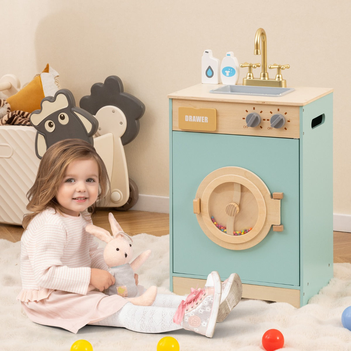 Conjunto de Lavandaria para Crianças com Detergente e Desinfetante de Mãos, Pia e Roda Giratória 40 × 30 × 75 cm Azul