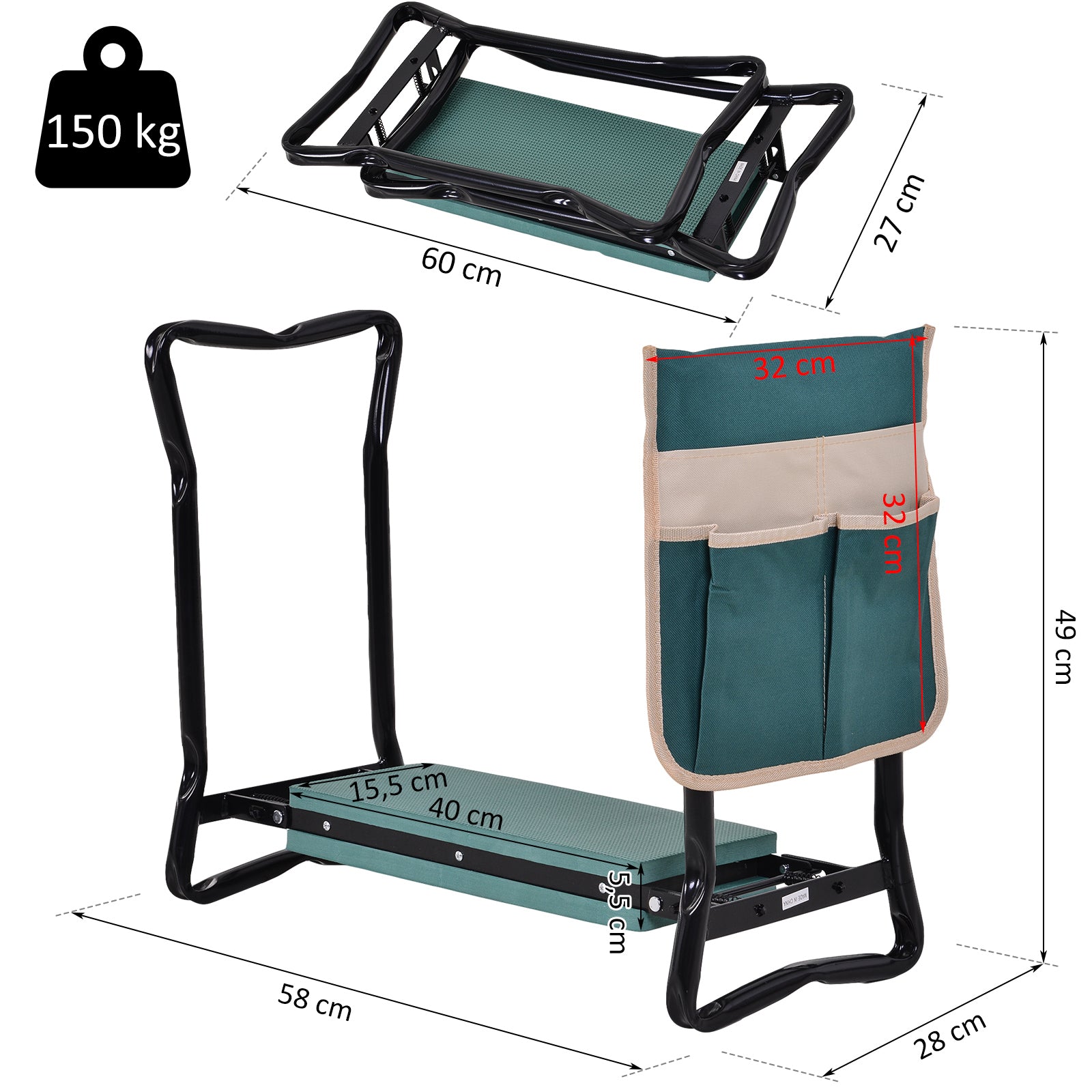 Banco de Jardim 2 em 1 - 58x28x49cm - Verde e Preto