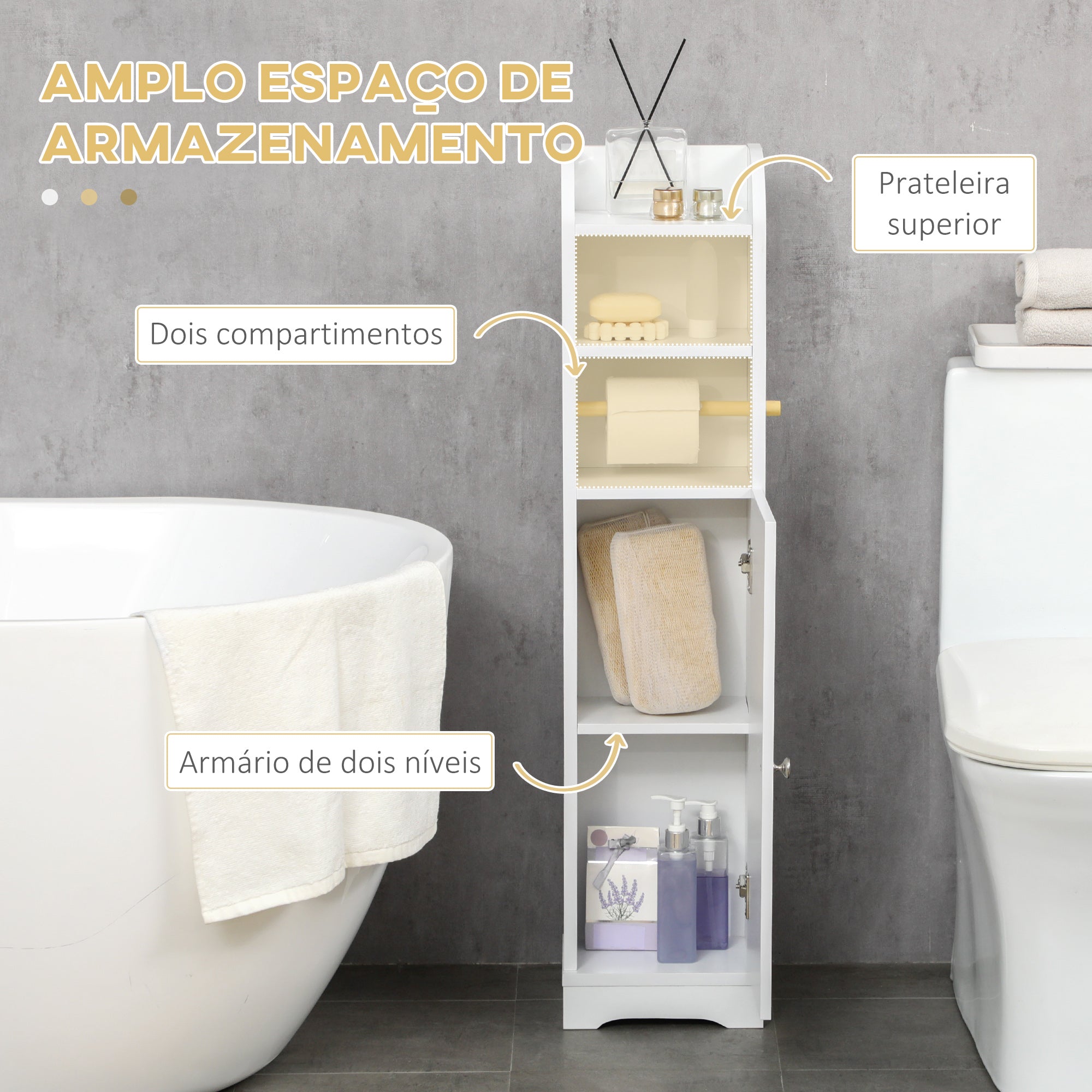 Armário Casa de Banho Auxiliar com Prateleira Ajustável 23x18x100 cm - Branco