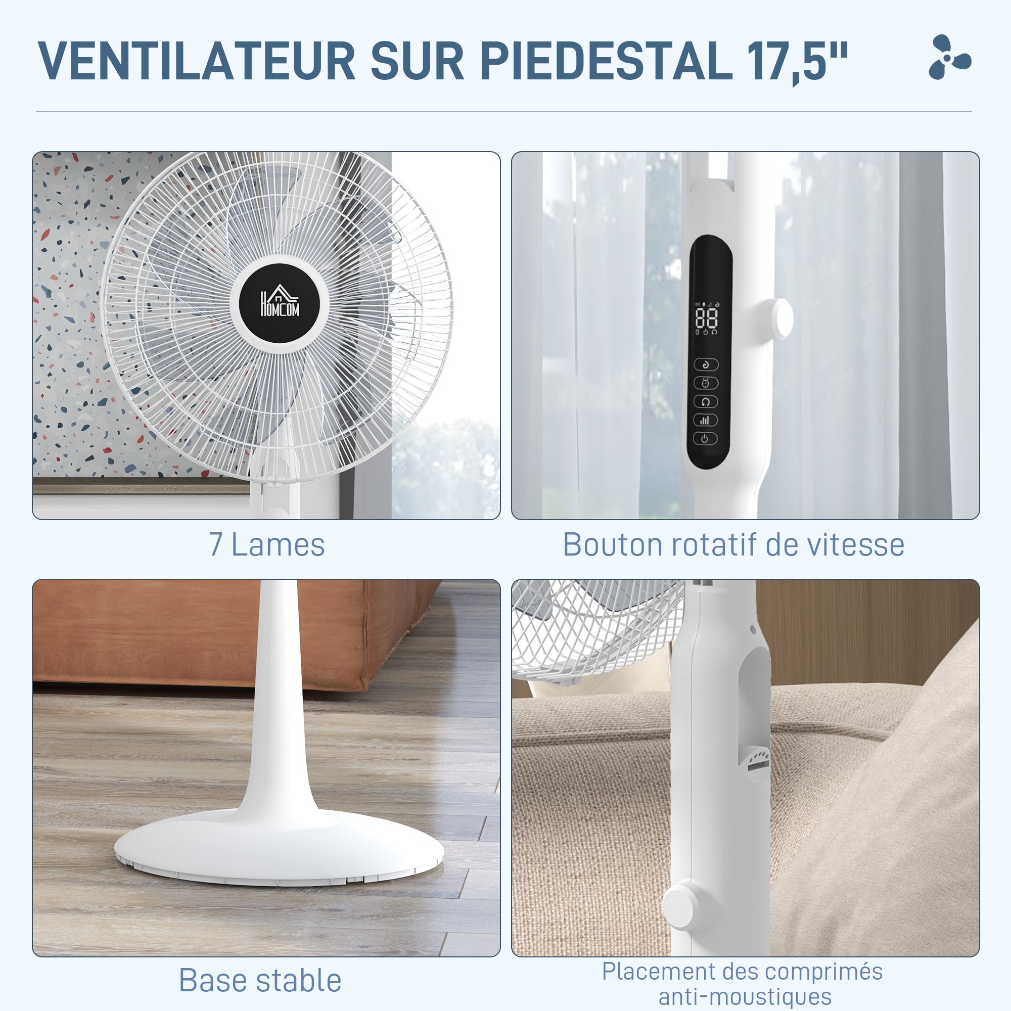 Ventoinha de Pé Ajustável em Altura 45x42x120-135 cm - Branco
