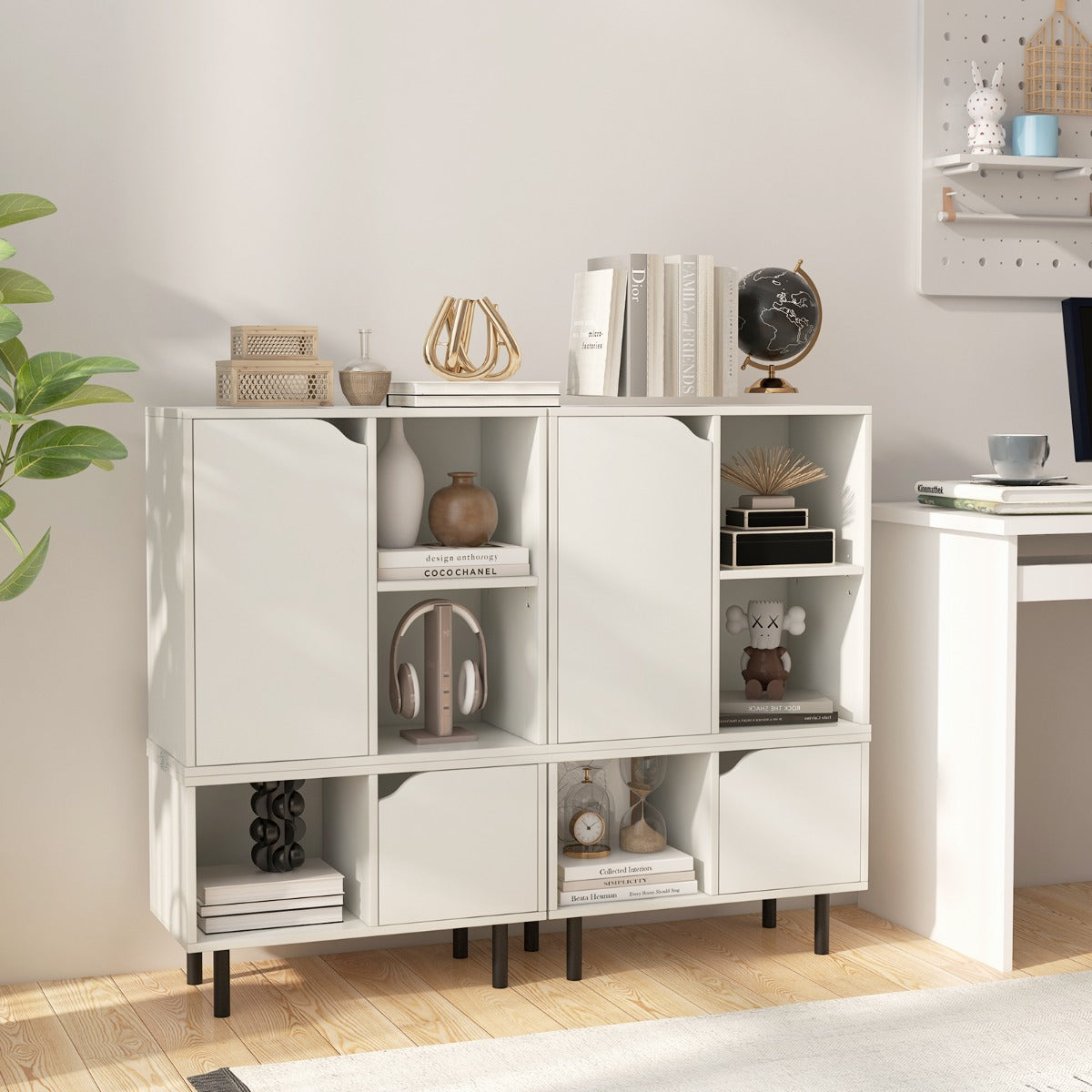 Estante Empilhável Gabinete de Treliça Combinado Estante Aberta com Estante Cubos Ajustáveis Pata de Metal para Sala de Estar Branco