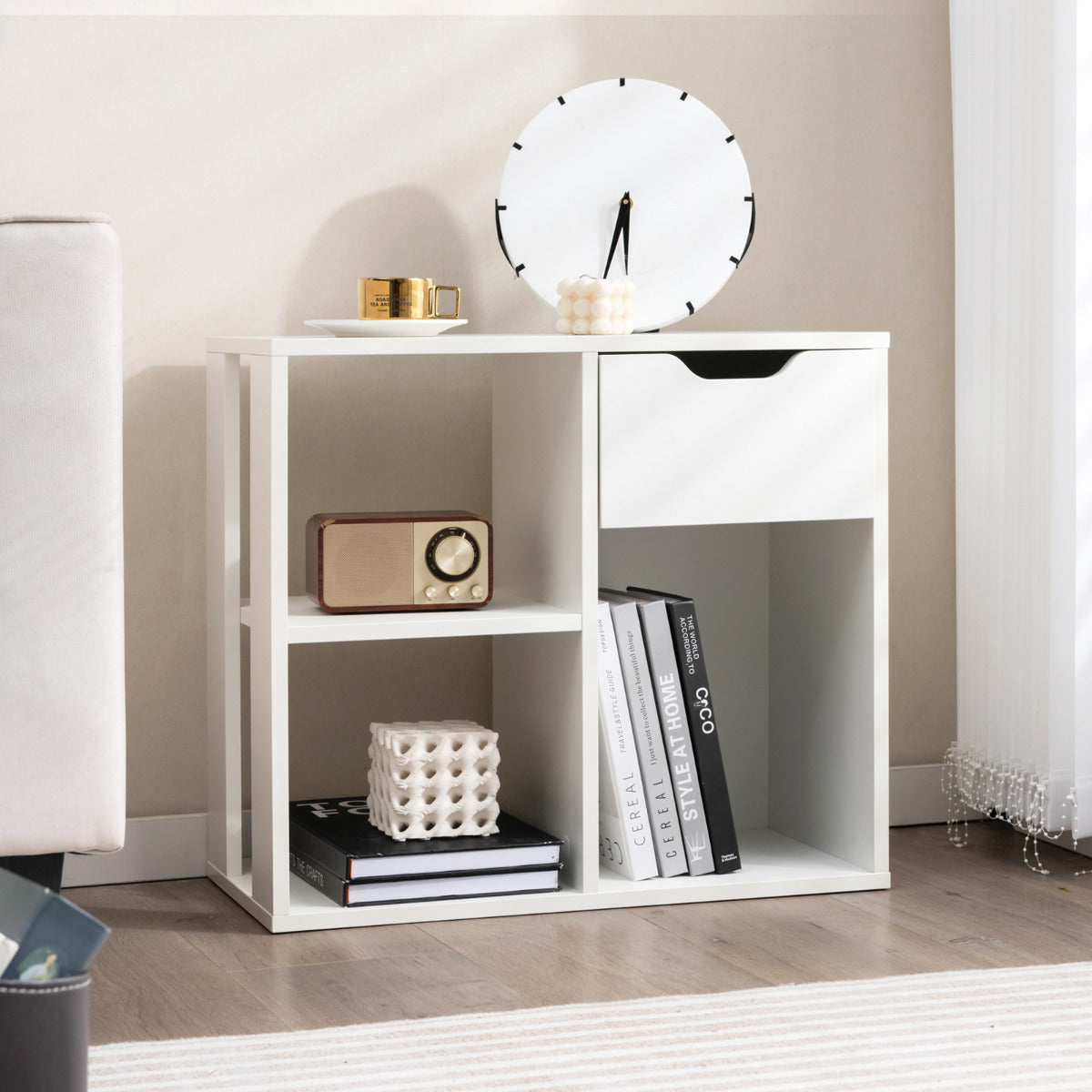 Estante de 3 Cubos com Gaveta de Armazenamento de 2 Níveis Independente para Casa Estudo Sala de Estar Quarto Branco