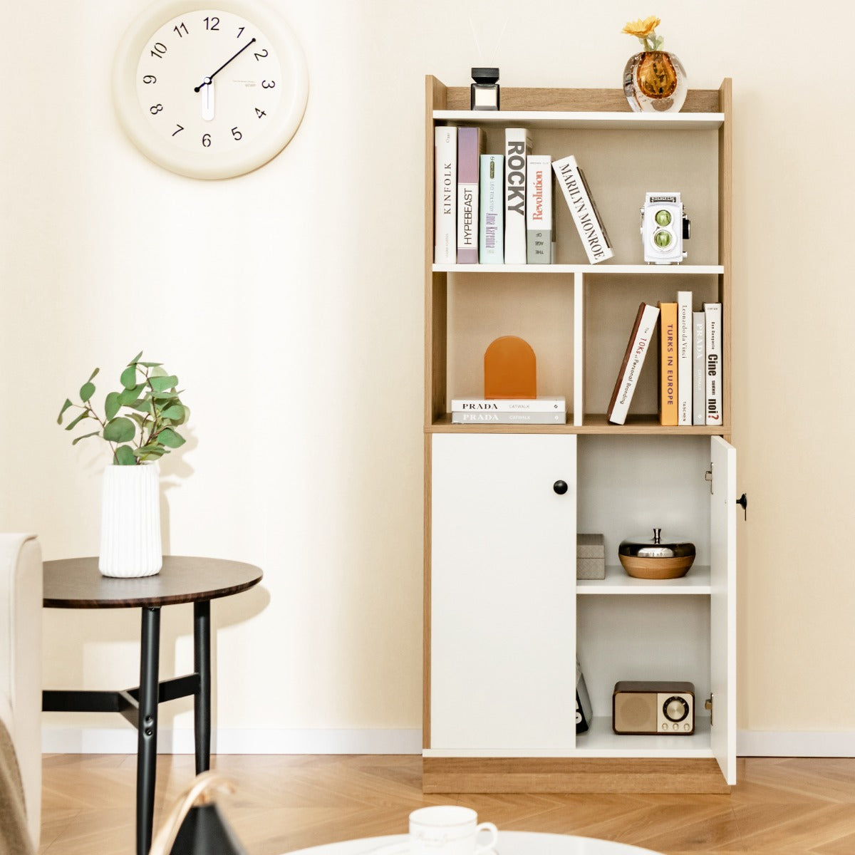 Estantería de 3 Niveles Alto Librería con Gabinete de Doble Puerta Cubos Abiertos Vitrina Moderna Armario para Estudio 60 x 30 x 140 cm