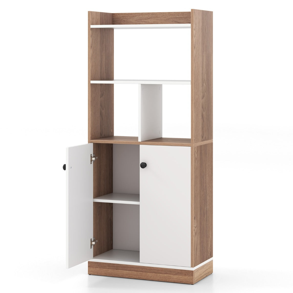 Estantería de 3 Niveles Alto Librería con Gabinete de Doble Puerta Cubos Abiertos Vitrina Moderna Armario para Estudio 60 x 30 x 140 cm