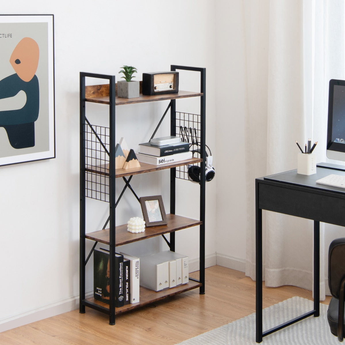 Estante Industrial de 4 Níveis com Ganchos e Prateleiras Ajustáveis para Sala de Estar 64 x 24 x 110 cm Café