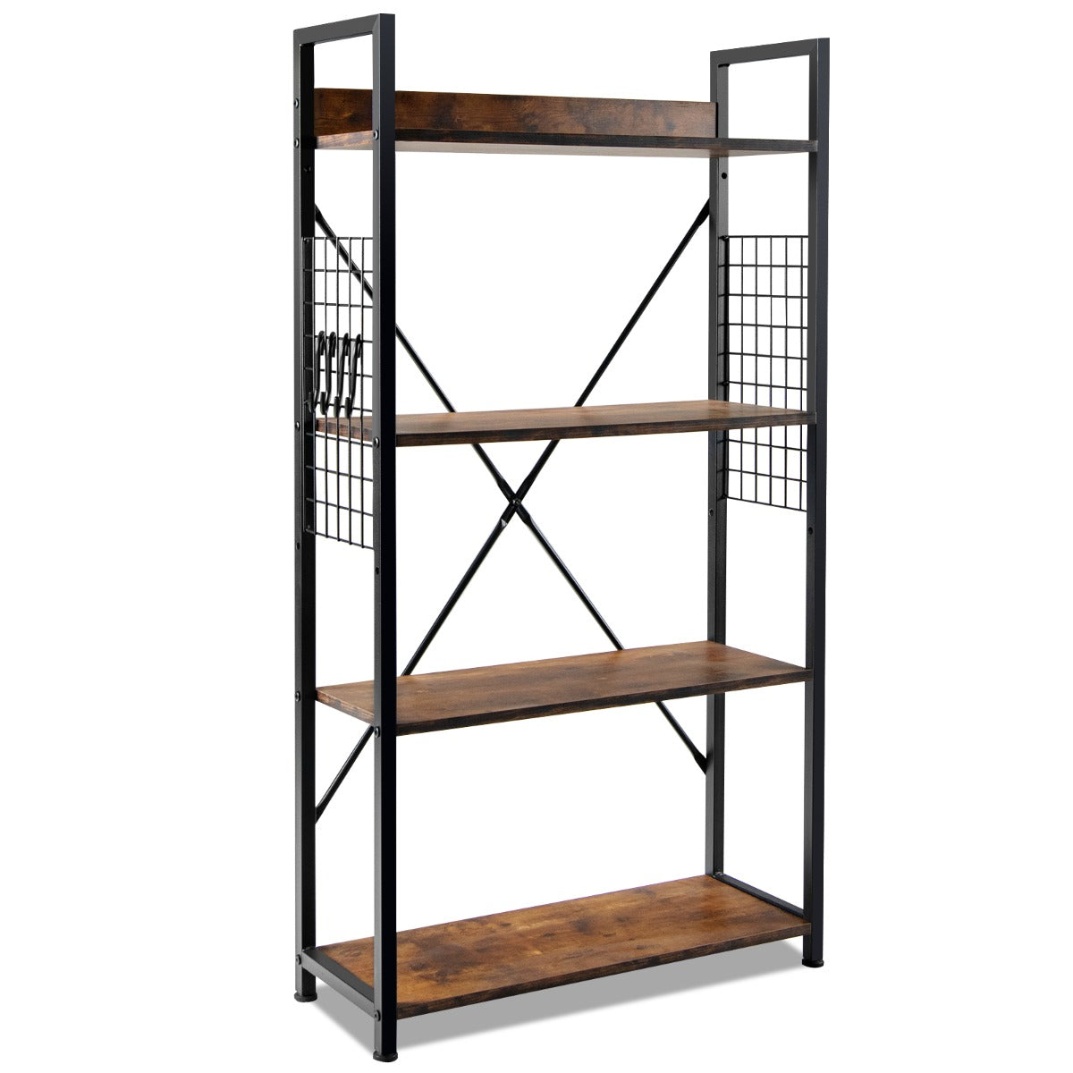 Estante Industrial de 4 Níveis com Ganchos e Prateleiras Ajustáveis para Sala de Estar 64 x 24 x 110 cm Café