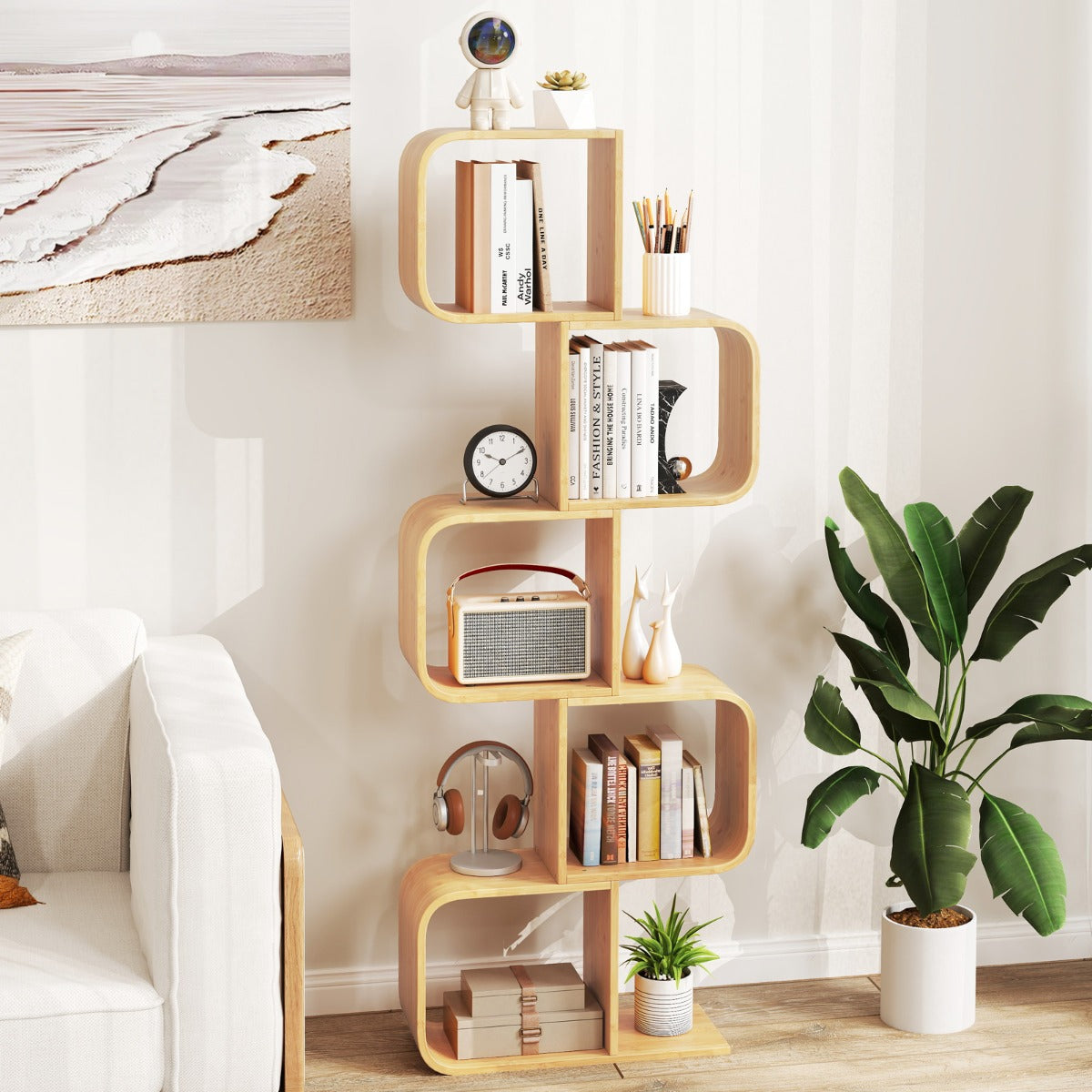 Estantería de Bambú em Forma de S com 5 Cubos Abertos para Sala Quarto Escritório 61 x 23 x 166 cm Natural