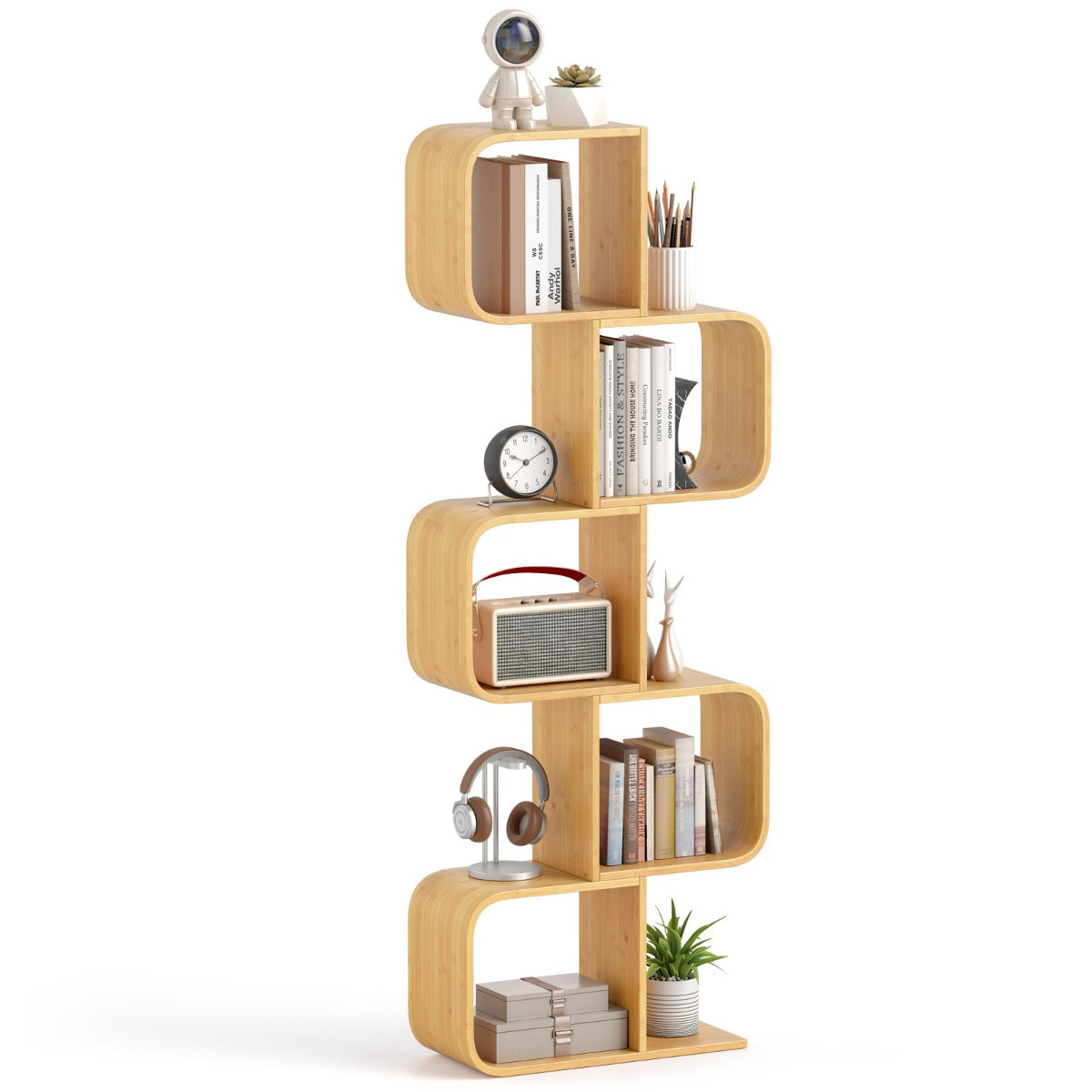 Estantería de Bambú em Forma de S com 5 Cubos Abertos para Sala Quarto Escritório 61 x 23 x 166 cm Natural