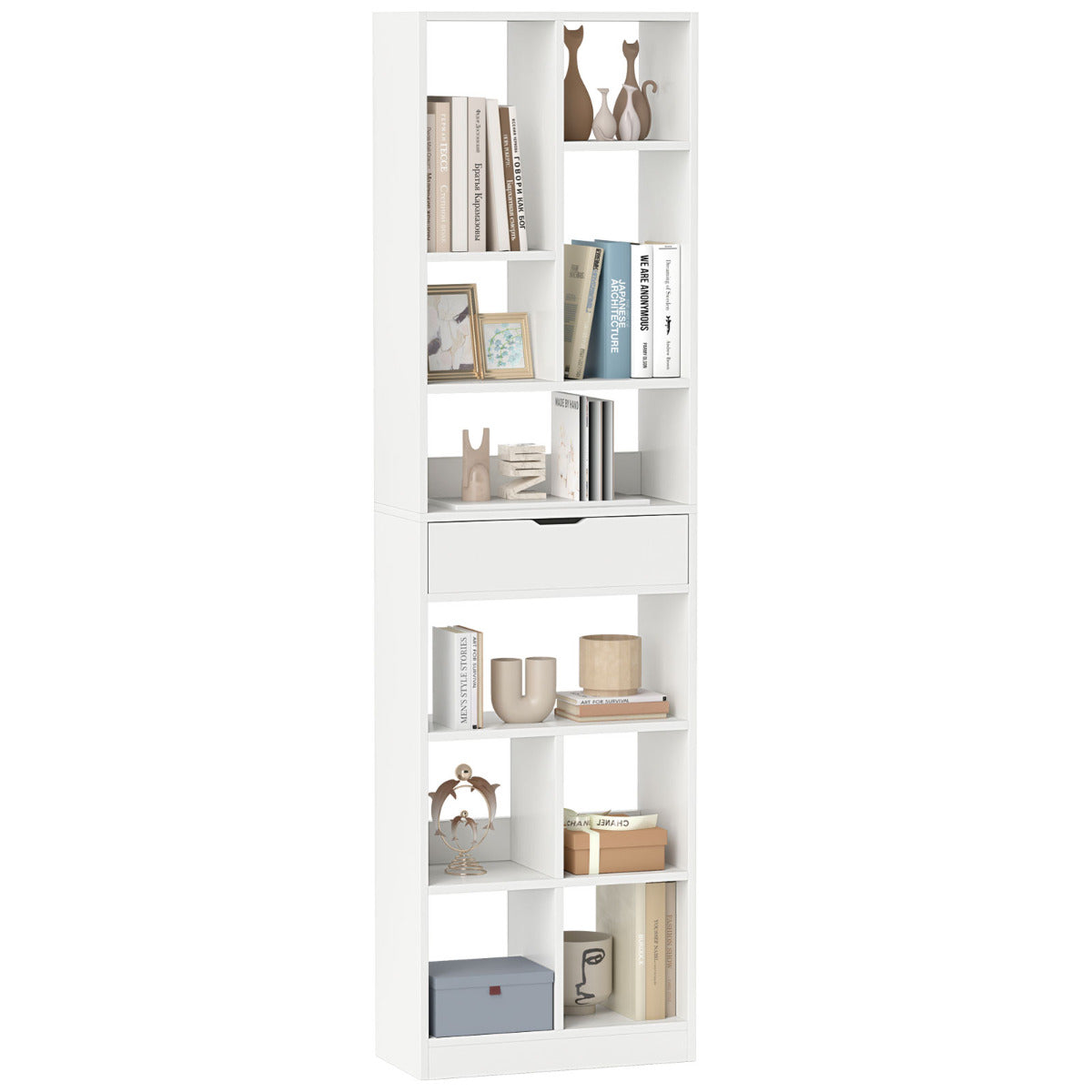 Estante de 180cm com Gaveta - Moderna Estante de 10 Cubos Aberta para Armazenamento e Exibição em Branco