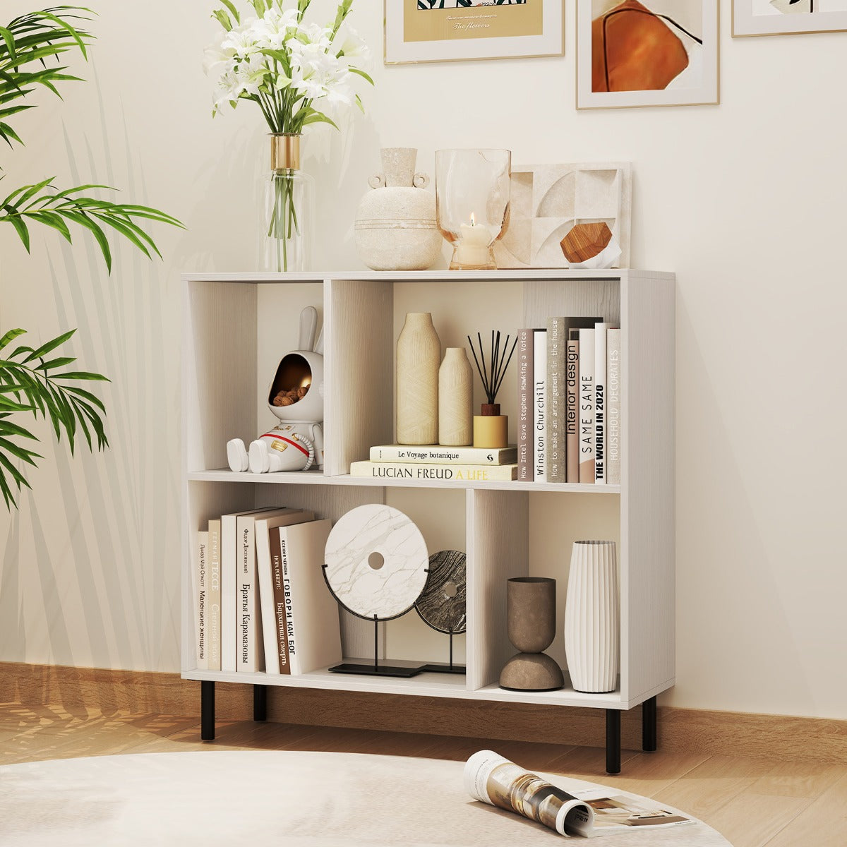 Estante de 4 Cubos com 2 Níveis e Pés Metálicos - Branco