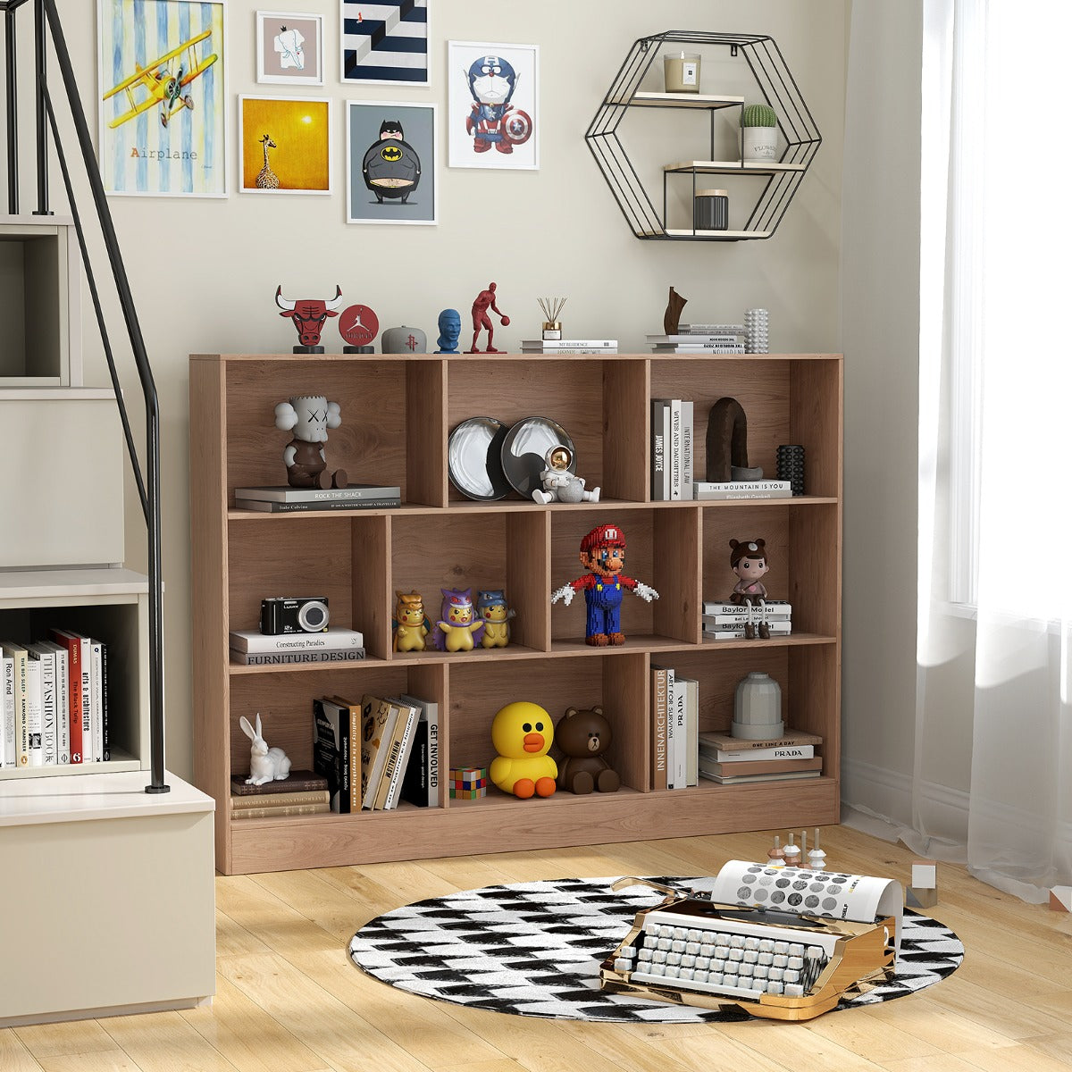 Estante de 10 Cubos Organizador de Armazenamento de 3 Níveis Antiqueda 140 cm para Sala de Estar Quarto Natural