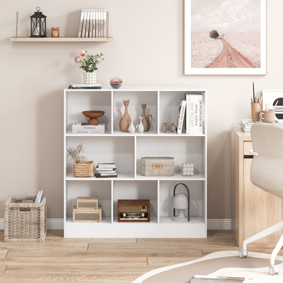 Estante de 8 Cubos Organizador de Armazenamento de 3 Níveis Antiqueda Branca para Sala Quarto Escritório