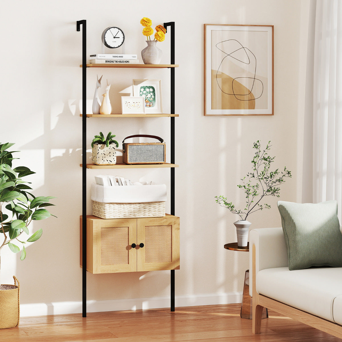 Estante de Escada de 5 Níveis com Armário de Rattan Prateleira de Parede Alta de 184cm Estrutura de Metal Estante Aberta Bohemian Natural