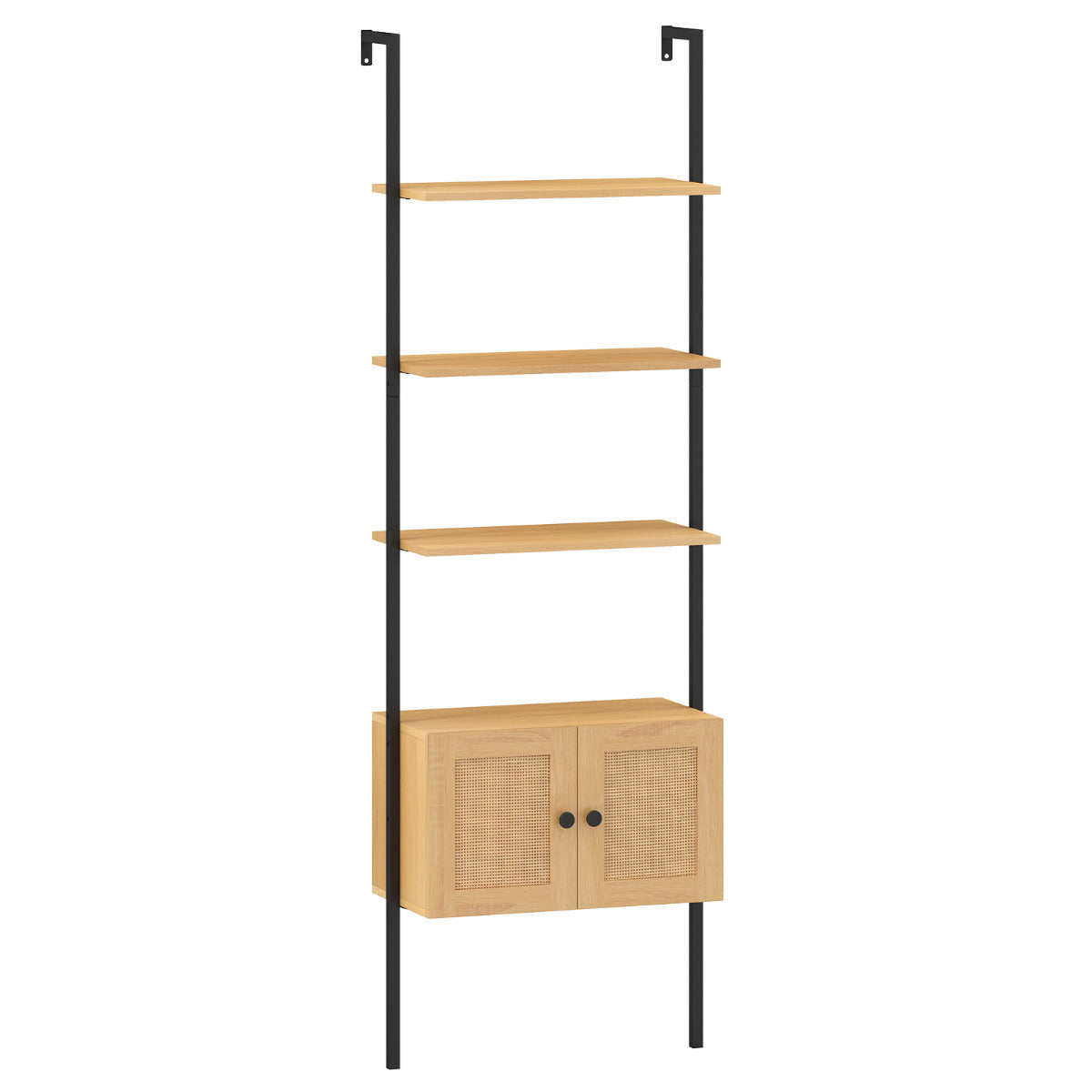 Estante de Escada de 5 Níveis com Armário de Rattan Prateleira de Parede Alta de 184cm Estrutura de Metal Estante Aberta Bohemian Natural