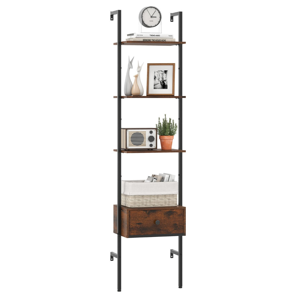 Estante de Escada de 5 Níveis com Gaveta em Metal Marrom - 177,5 cm