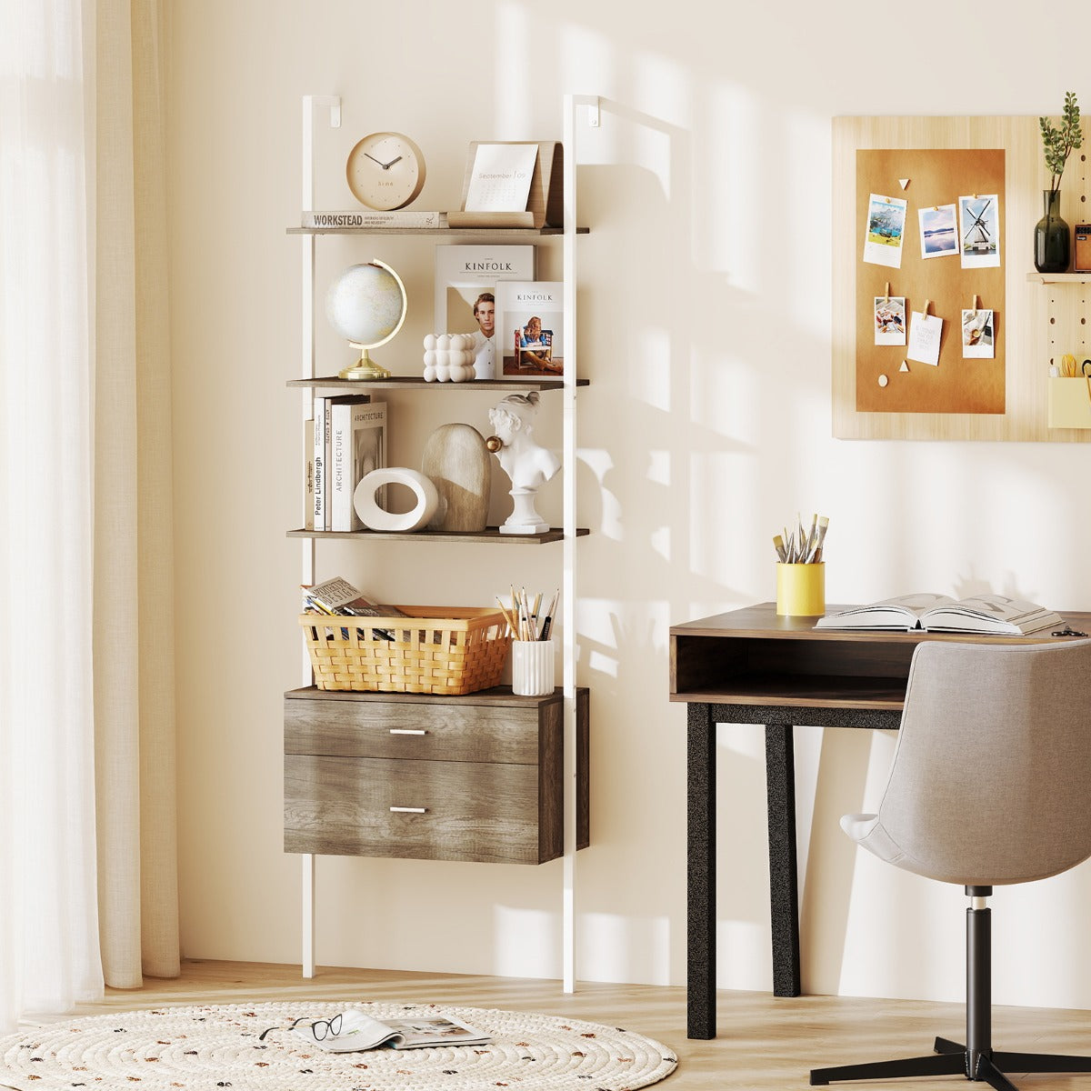 Estante Escada de Parede com 2 Gavetas e Estrutura Metálica - Branco