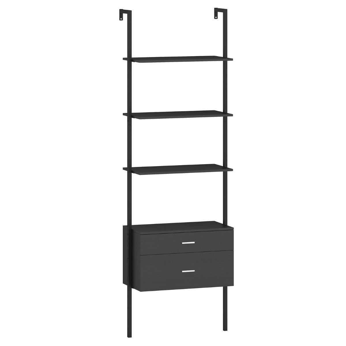 Estante Escada de Parede com 2 Gavetas e Estrutura Metálica Estante Aberta de Exibição 60 x 30 x 184 cm - Preto