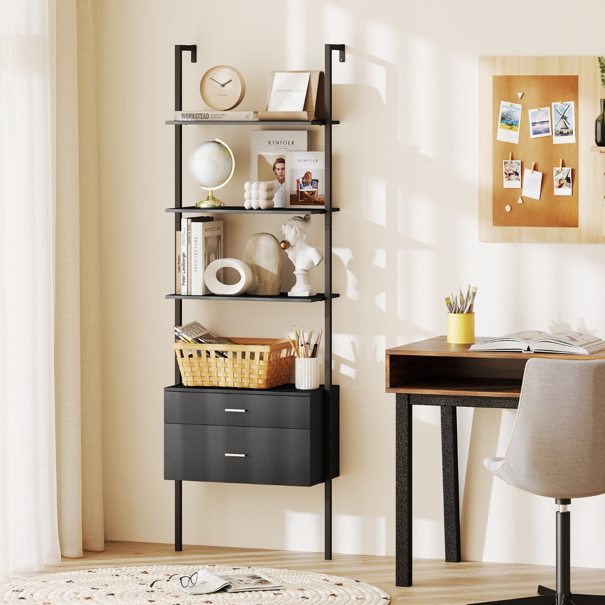 Estante Escada de Parede com 2 Gavetas e Estrutura Metálica Estante Aberta de Exibição 60 x 30 x 184 cm - Preto