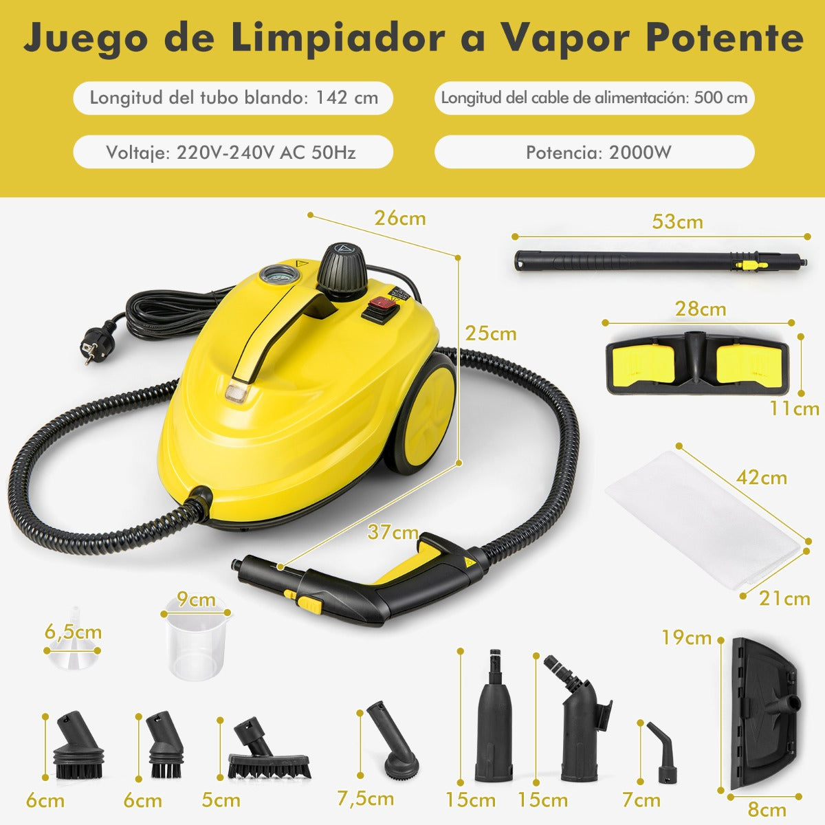 Limpiador a Vapor Multiusos Máquina de Limpieza Rodante 2000W 1,8L 13 Acessórios para Casa
