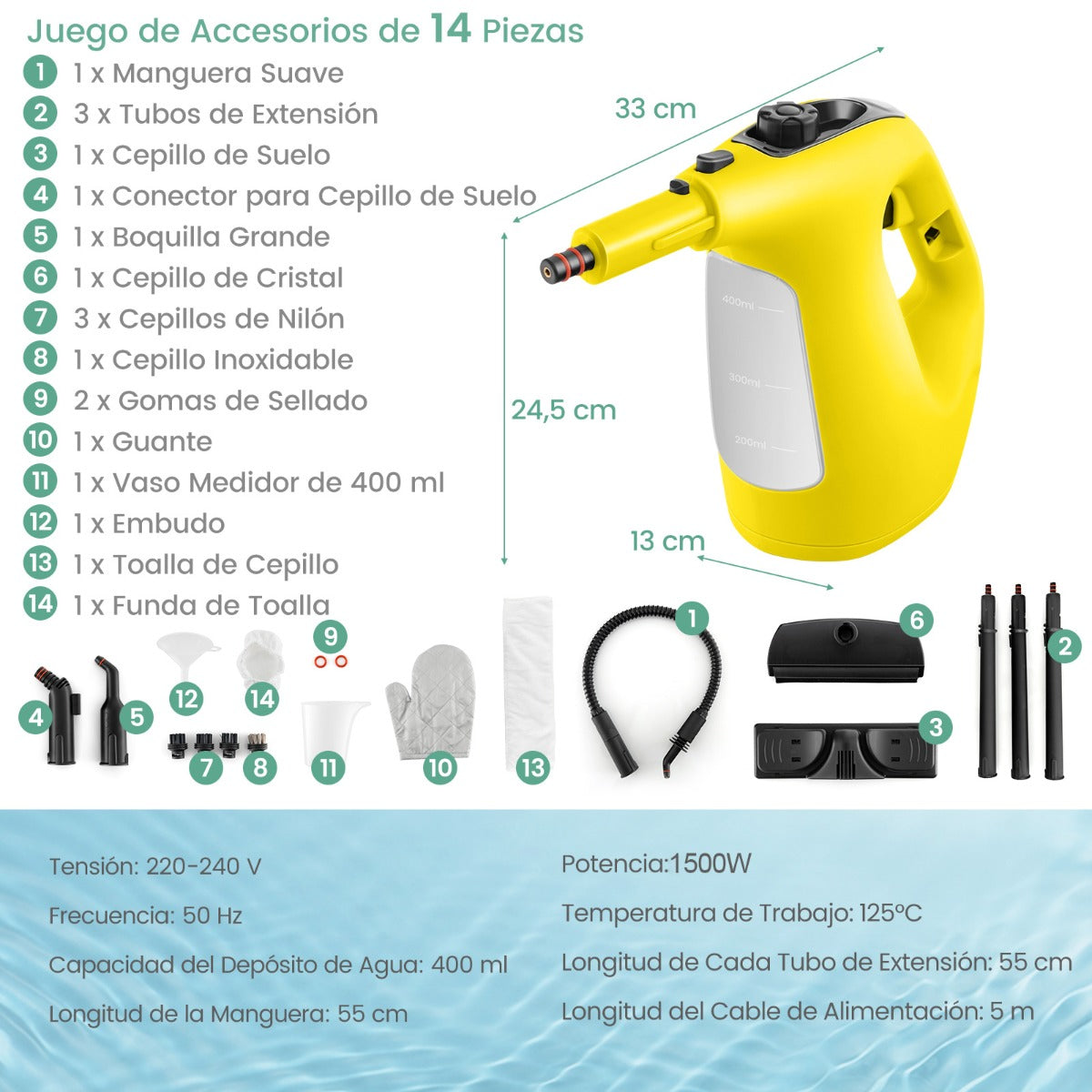 Limpiador a Vapor Portátil – 1500W – Amarelo