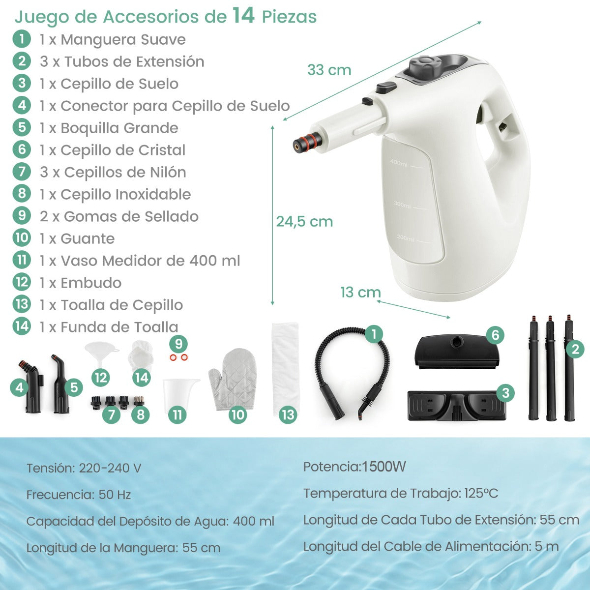 Limpa Tapetes a Vapor Portátil – 1500W – Cinzento – Plástico