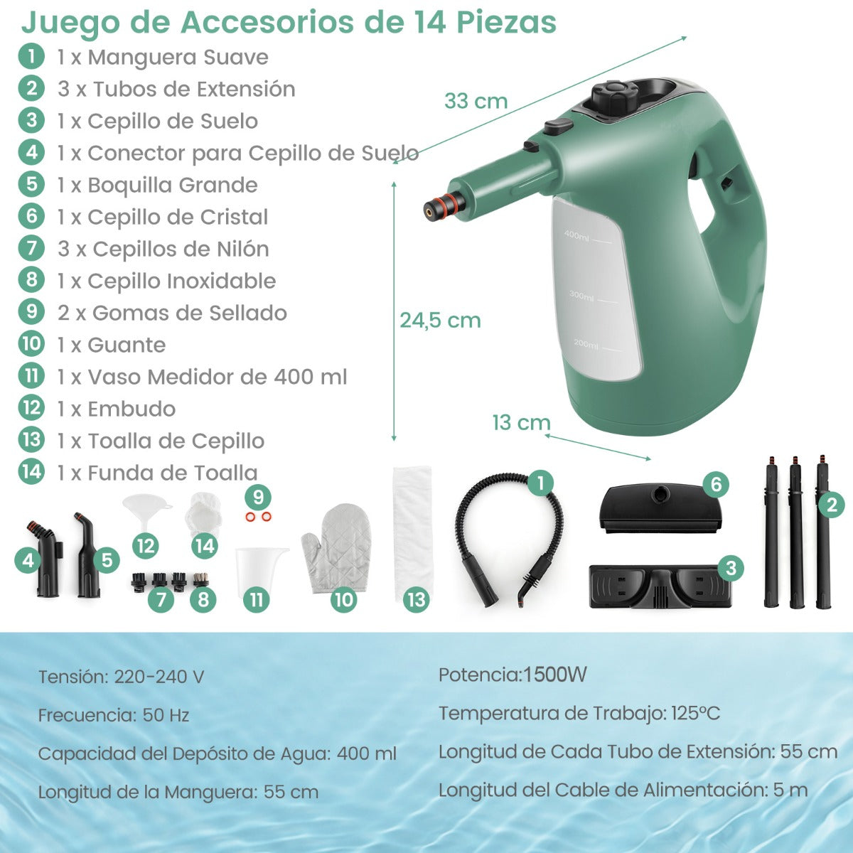 Limpa-Vapor Portátil – 1500W – Verde – Plástico