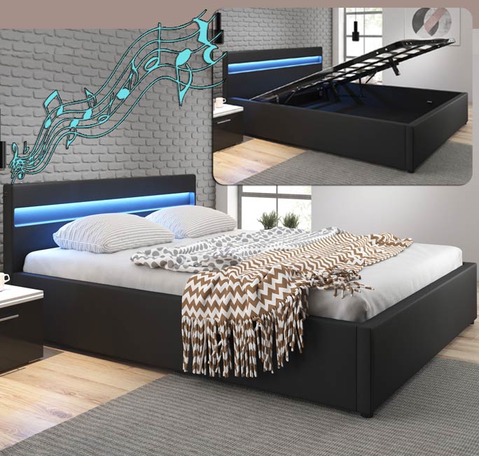 Cama de casal com som Barry em preto (150x190cm)