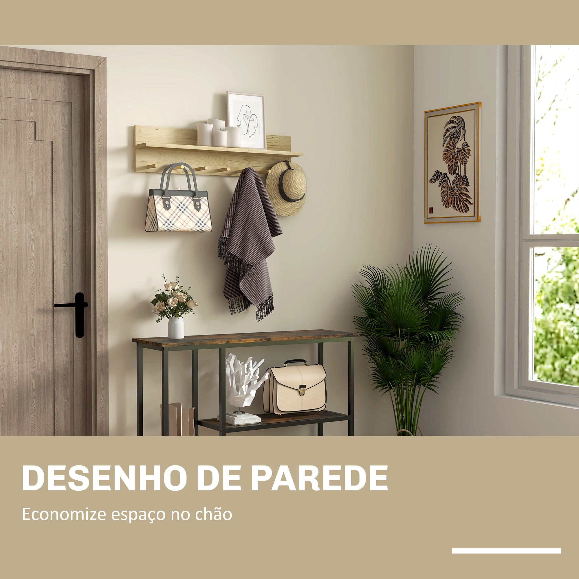 Cabide de Entrada com 7 Ganchos e Prateleira de Armazenamento - 80x12x20 cm - Cor de Madeira Natural