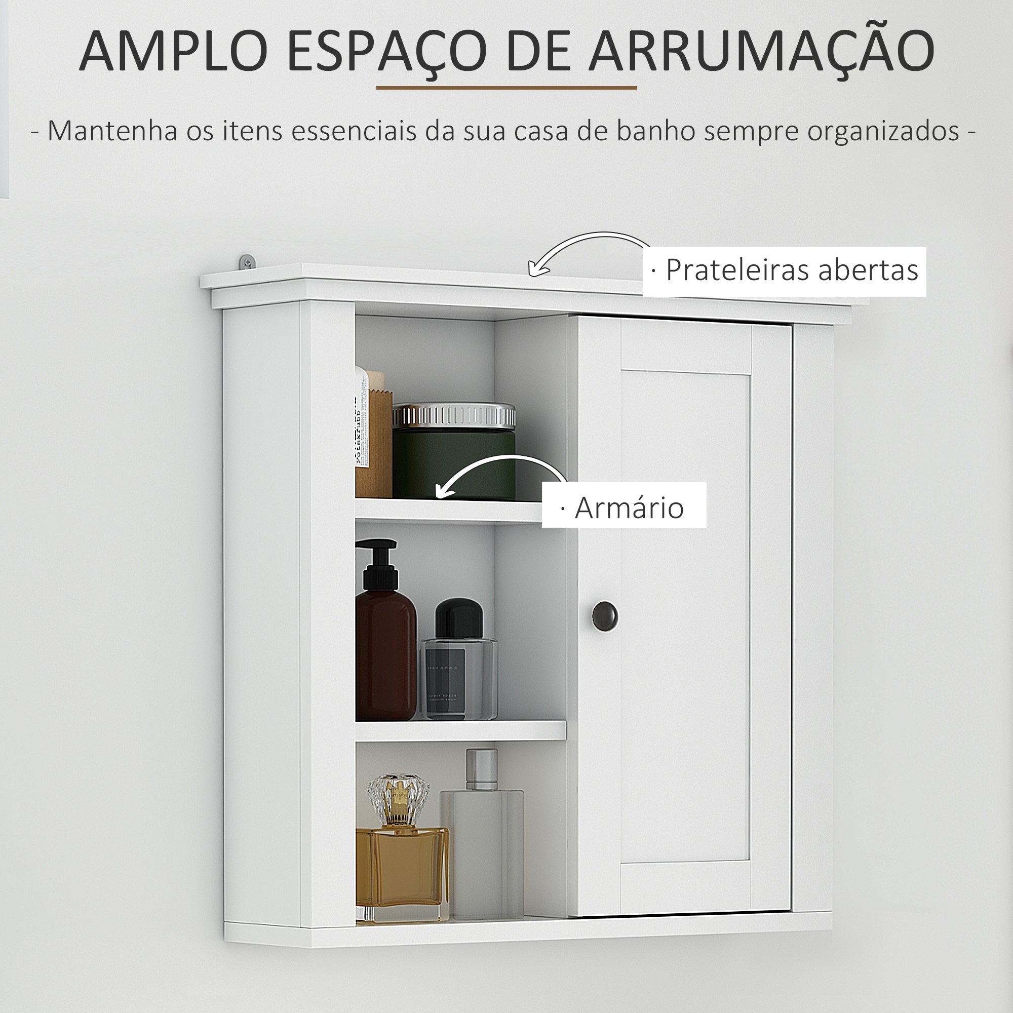 Armário de Parede Multifuncional 3 Níveis Abertos 1 Porta 53x14,5x50,5cm Branco