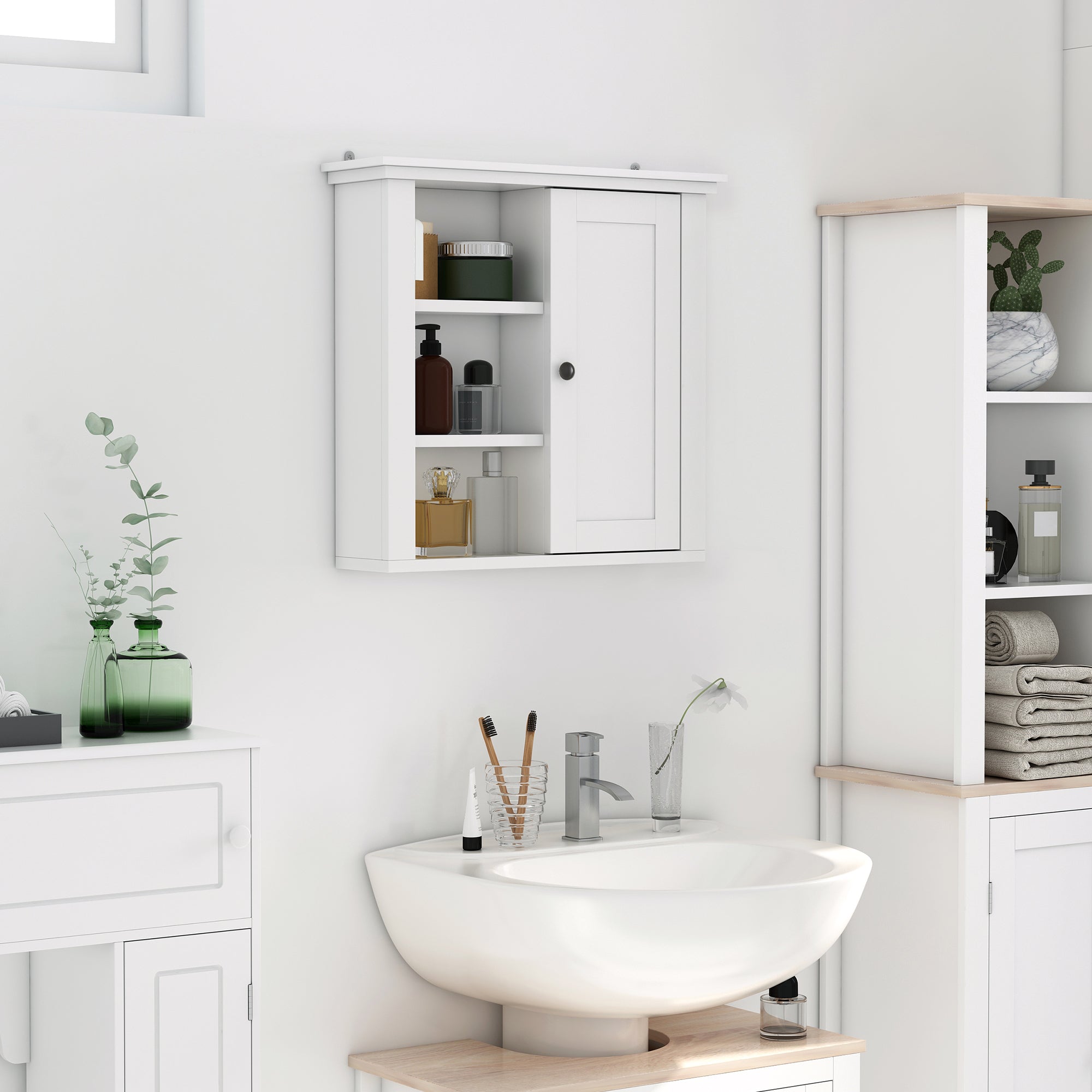 Armário de Parede Multifuncional 3 Níveis Abertos 1 Porta 53x14,5x50,5cm Branco