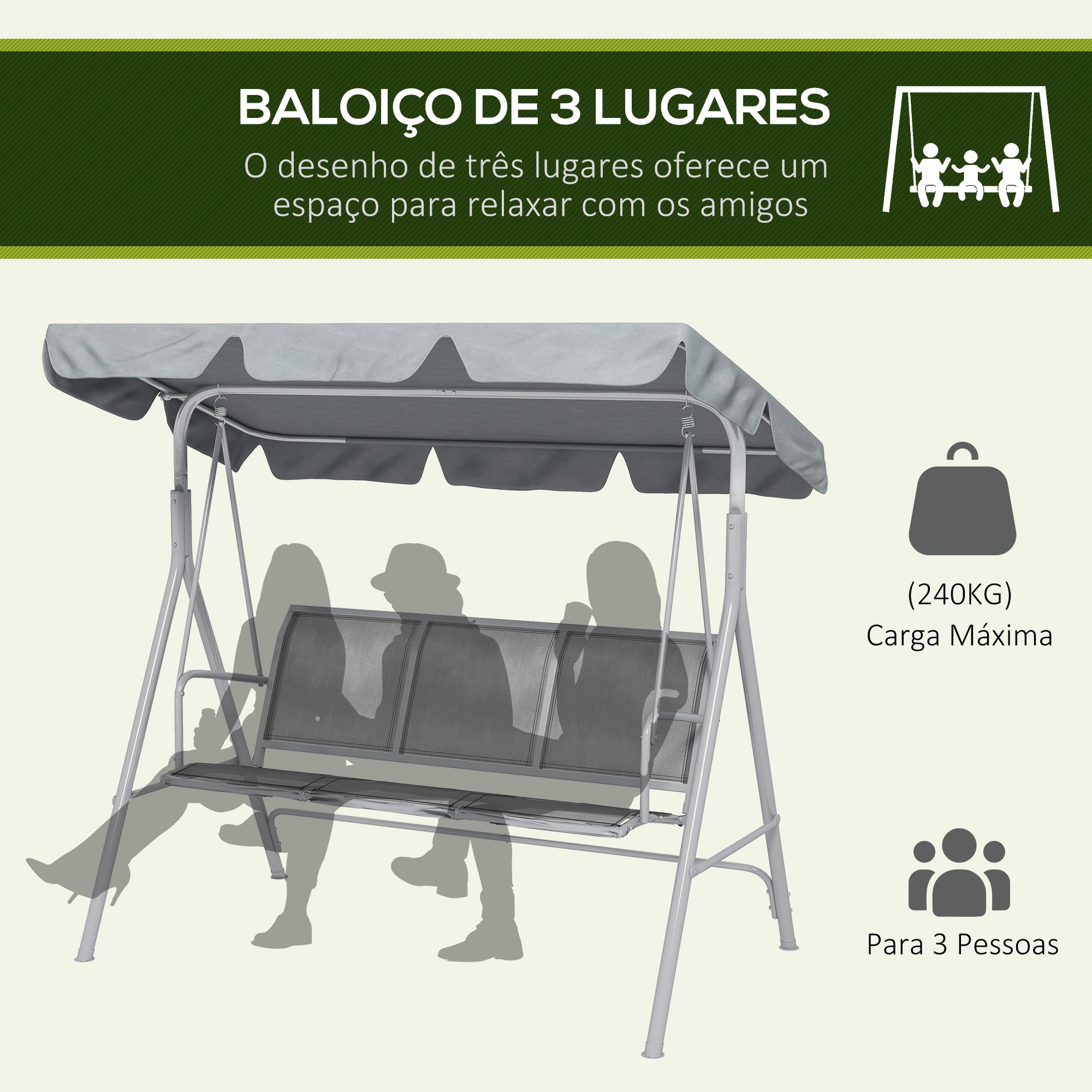 Baloiço de Jardim 3 Lugares Cinza Claro e Prata 171x108x154cm