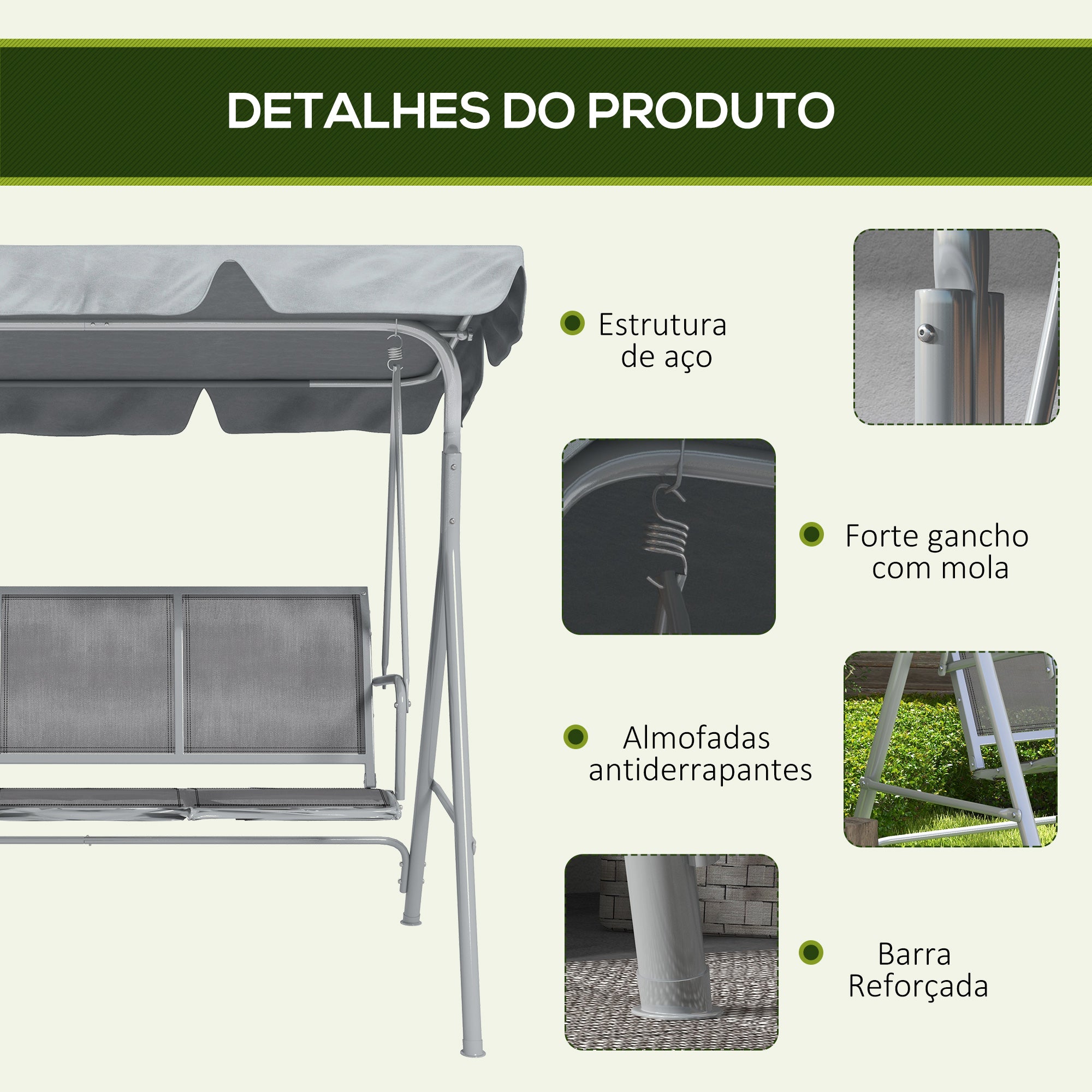 Baloiço de Jardim 3 Lugares Cinza Claro e Prata 171x108x154cm